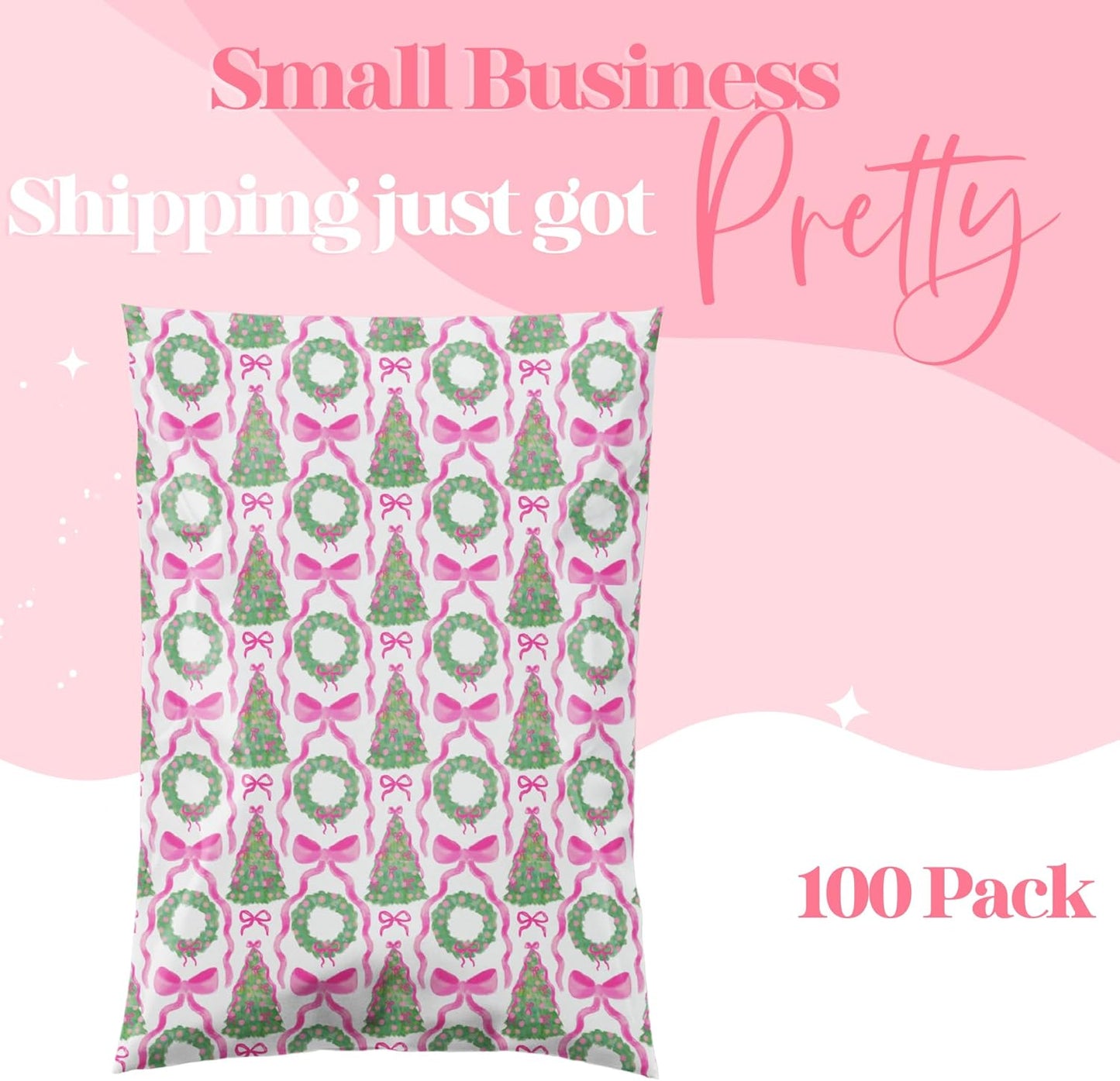 14.5x19 Designer Poly Mailer 100 Pack Heavy Duty Waterproof Self Seal Shipping Bags for Small Business Large Mailing Envelopes Bulk Tear Resistant Packaging Coquette Christmas Holiday Bows