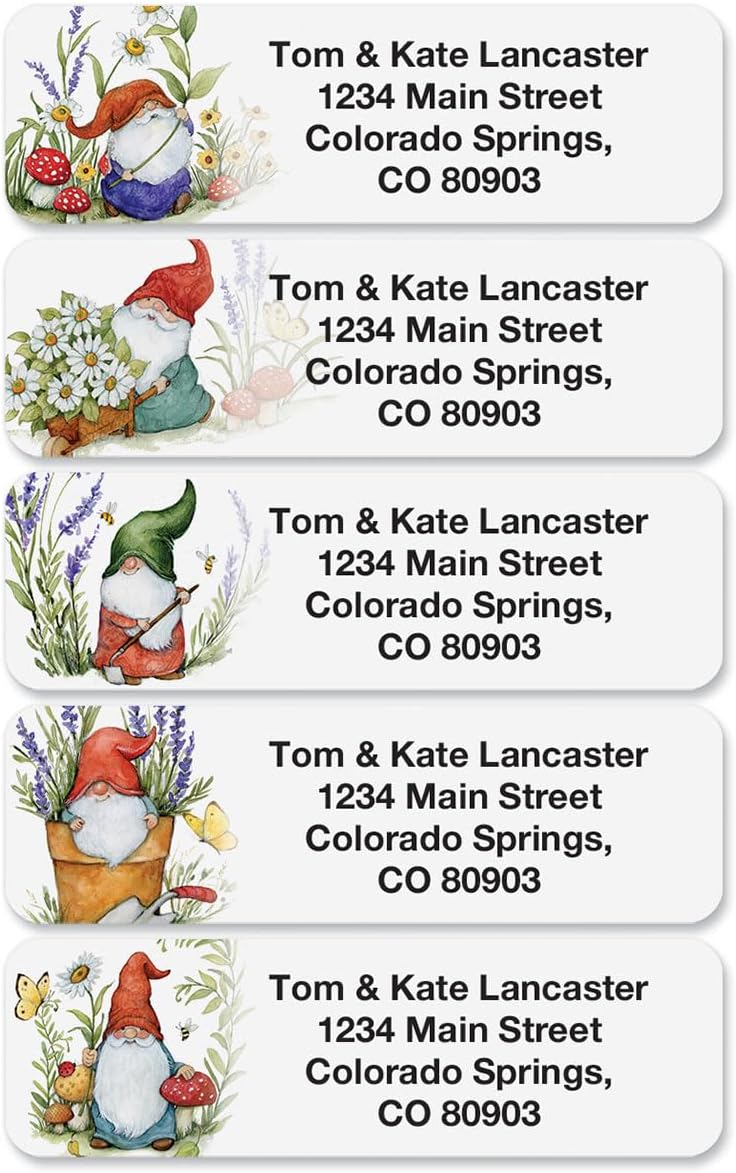 Colorful Images Forest Gnomes Rolled Personalized Return Address Mailing Labels with Dispenser, Customize with Name & Shipping Address, 250 ¾” x 2½” Self Adhesive, Easy Peel Label Roll - Lumora Desk