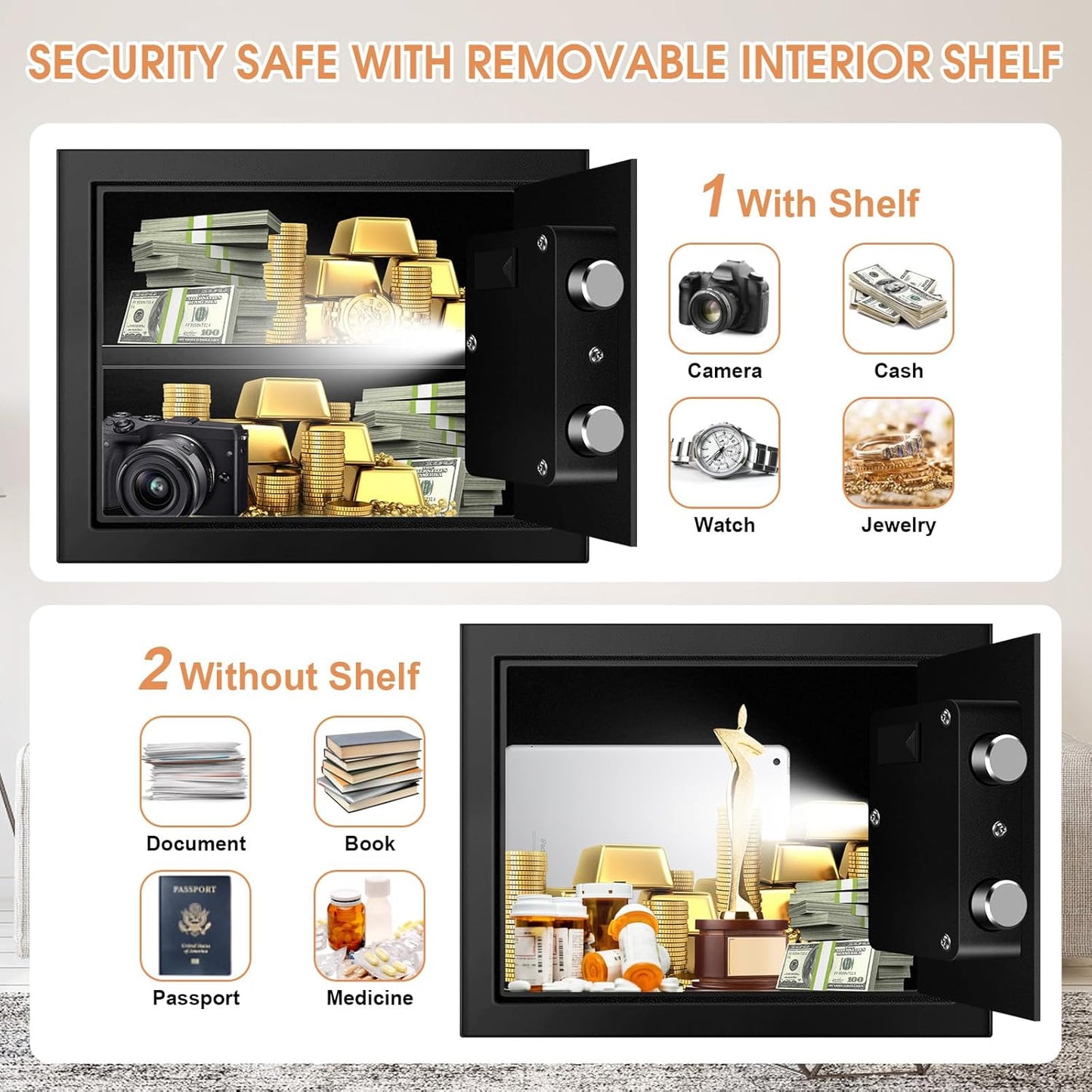 1.2 Cub Small Fireproof Safes for Home, Digital Home Safe Fireproof Waterproof with Programmable Keypad, Spare Keys and Removable Shelf, Fire Safe Box for Document Money Valuables