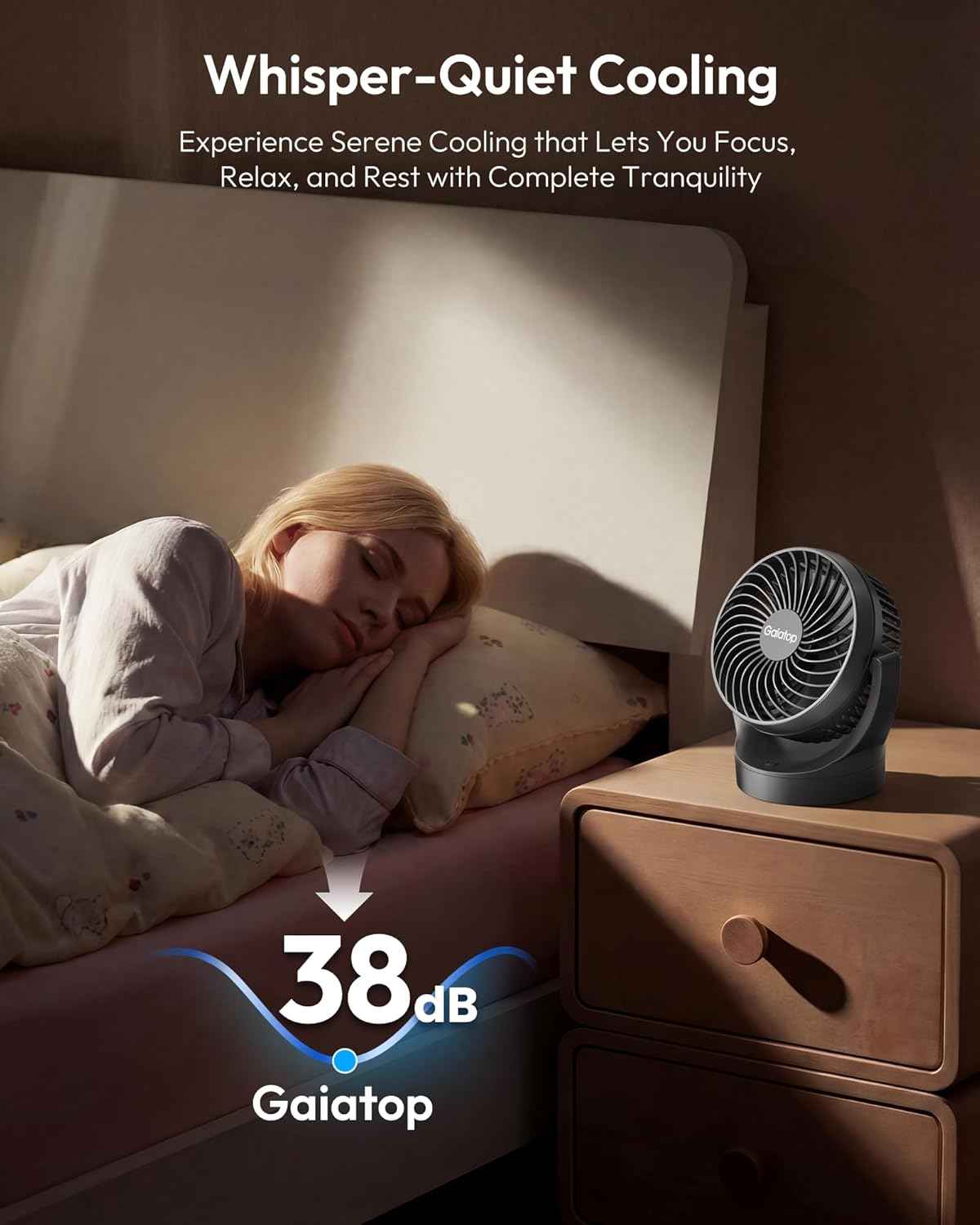 Gaiatop Portable Desk Fan, 3 Adjustable Speeds, Solid Black, Quiet Brushless Motor, 4000mAh Long-Lasting Battery, 135° Tilt Bedroom Fan for Home/Office/Outdoor (Black)