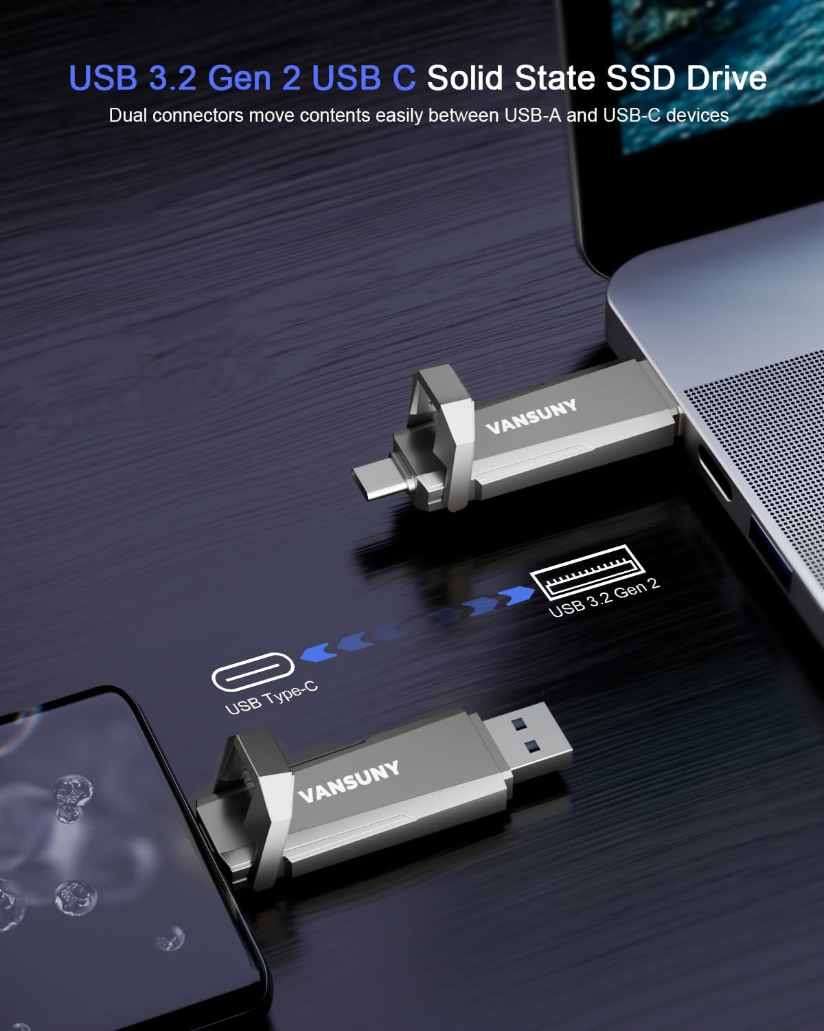 Vansuny 512GB Portable External SSD - USB 3.2 Gen 2 Dual A + C Solid State Drive Up to 1000MB/s for Android Phone, Tablet, Laptop, MacBook, PC