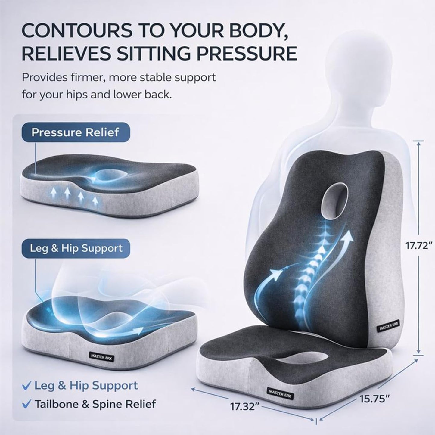 Seat Cushion and Lumbar Support Pillow Set, Back and Butt Support, Sciatica Relieving Coccyx Cushion, Hemorrhoid Cushion, Ergonomic Memory Foam Cushion&Pillow, Office Chair and Car Seat (Light Gray)