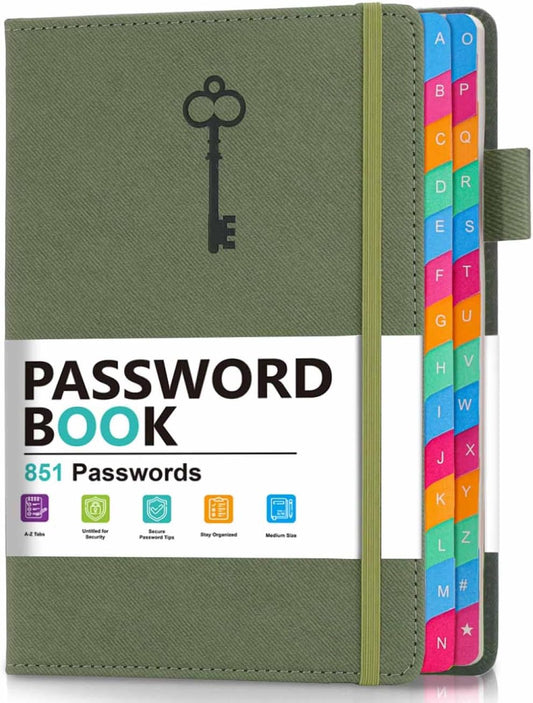 Password Keeper Book with Colorful Alphabetical Tabs, Hardcover Password Log-book for Internet Password and Website Address, 5.8"×8.4" Password Notebook for Home Office (Sage Green)