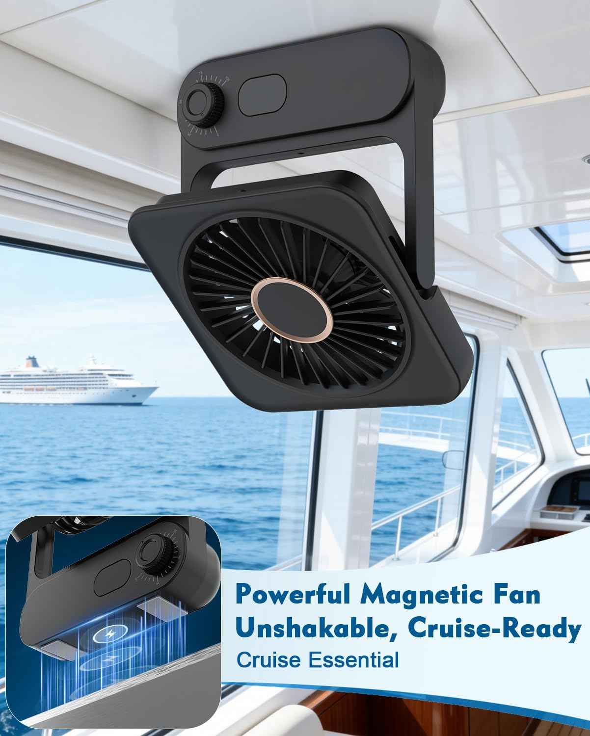 Magnetic Cruise Desk Mini Fan, 4000mAh Ultra-Slim Travel Fan Rechargeable, 0-100 Speeds, 150° Adjustable Portable Fan for Ship Cabin, Bedroom Sleeping, Camping, Travel & Cruise Essentials 2026, Black