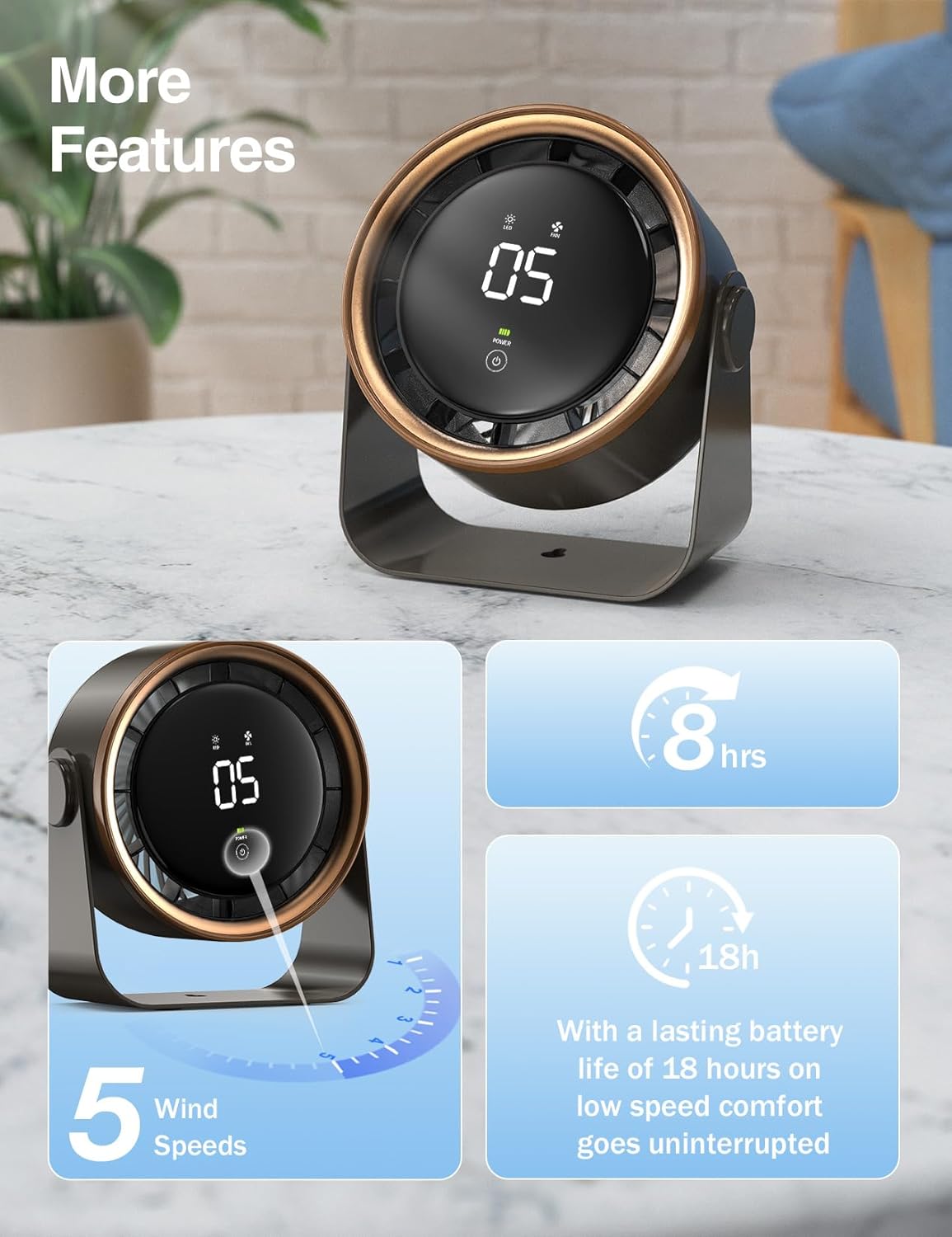 Small Desk Fan, Ultra-Quiet Desktop Air Circulator, Touch Screen Control, Multi-Speed Desktop Fan with LED Light, Quiet Table Fan for Bedroom, USB Rechargeable Small Fan for Desk(Grey)