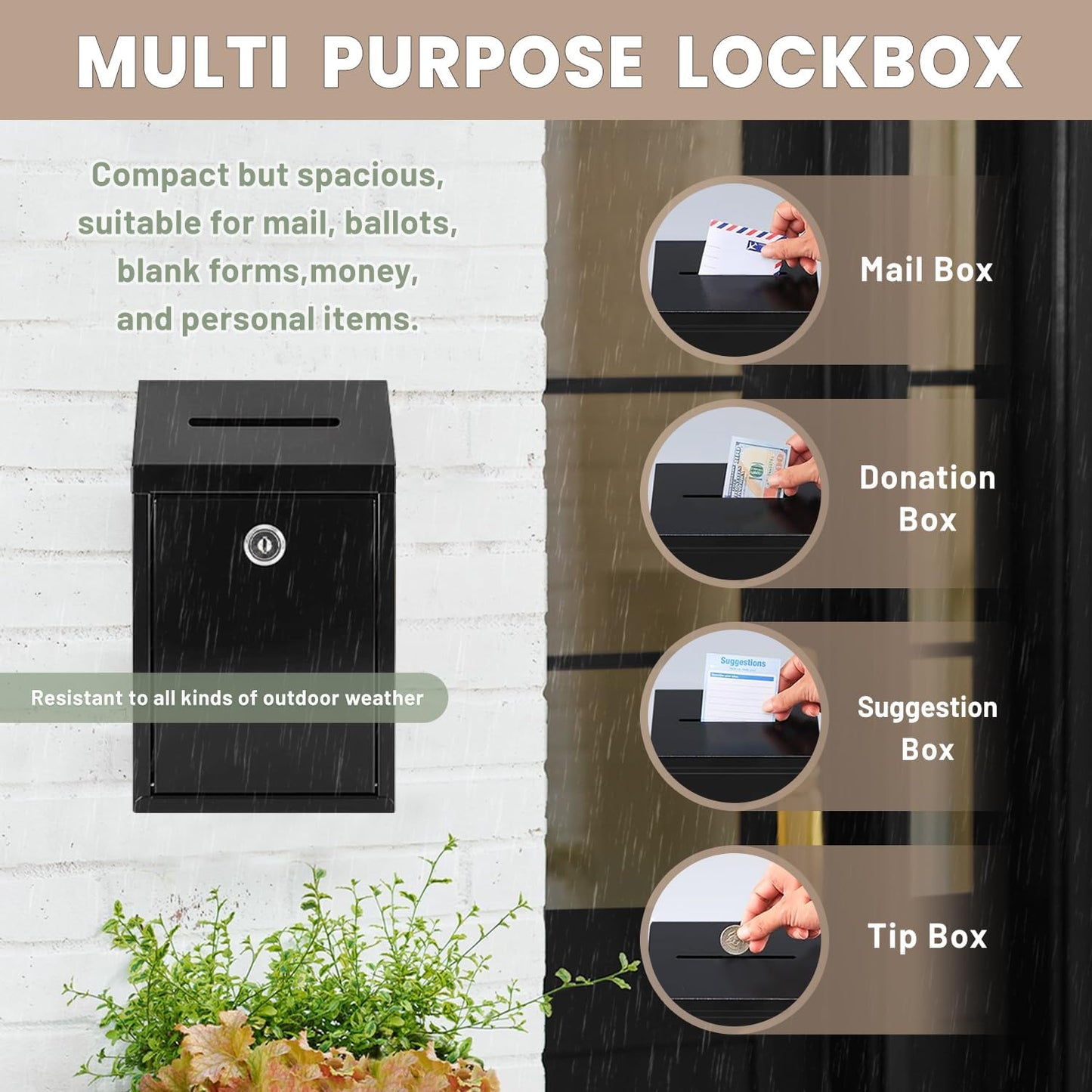 Metal Donation Money Cash Drop Box with Lock and Slot Suggestion Box Wall Mounted Ballot Container Mailbox Delivery for Home Office (Black, 10.24″ x 5.71″ x 2.95″)