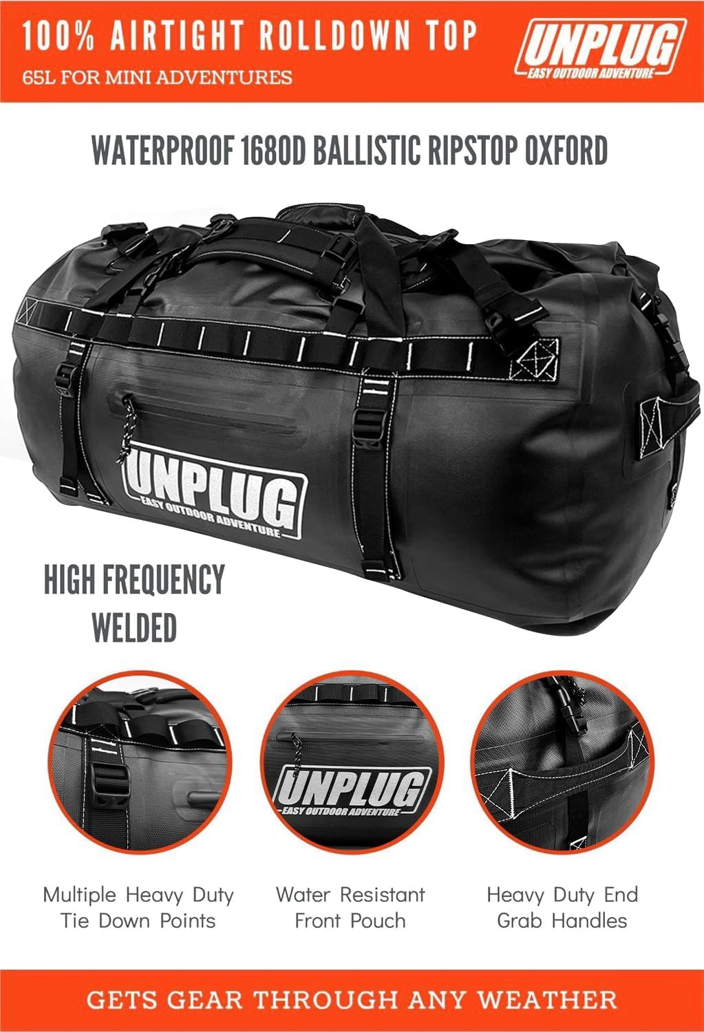 UNPLUG Ultimate Adventure Bag | 1680D Heavy Duty Waterproof Bag | Large Travel Duffle Bag which can be Used for Camping, Motorcycling, Boating, or Hunting