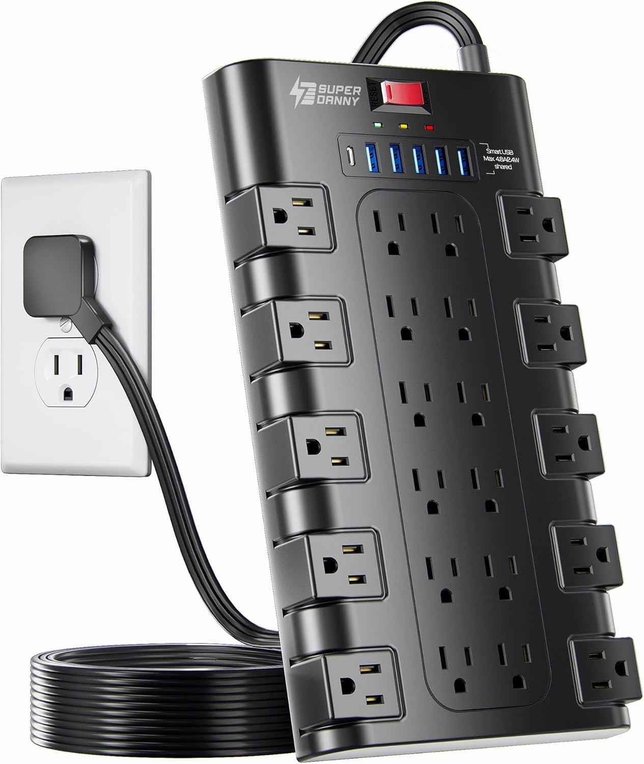 Flat Plug Power Strip, SUPERDANNY Surge Protector with 22 AC Outlets and 6 USB Charging Ports, 1875W/15A, 2100 Joules, 6.5Ft Heavy Duty Extension Cord for Home Office, Dorm, Gaming Room, Black