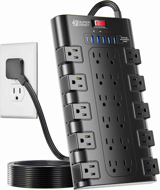 Flat Plug Power Strip, SUPERDANNY Surge Protector with 22 AC Outlets and 6 USB Charging Ports, 1875W/15A, 2100 Joules, 6.5Ft Heavy Duty Extension Cord for Home Office, Dorm, Gaming Room, Black