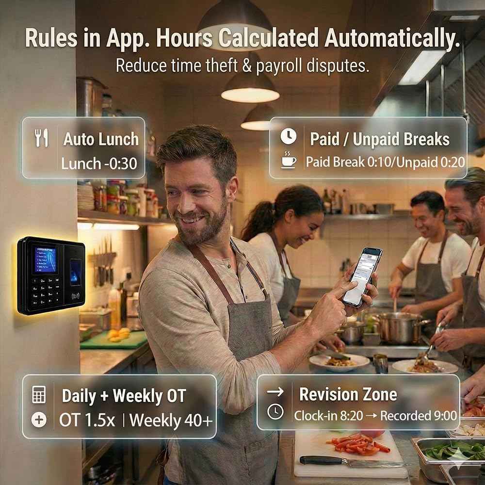 Time Clock System: App Control & 5s Fast Connection, Customizable Rules & 4 Payroll Reports, 10 IC Cards, No Monthly Fee Biometric Fingerprint Time Clocks for Employees Small Business