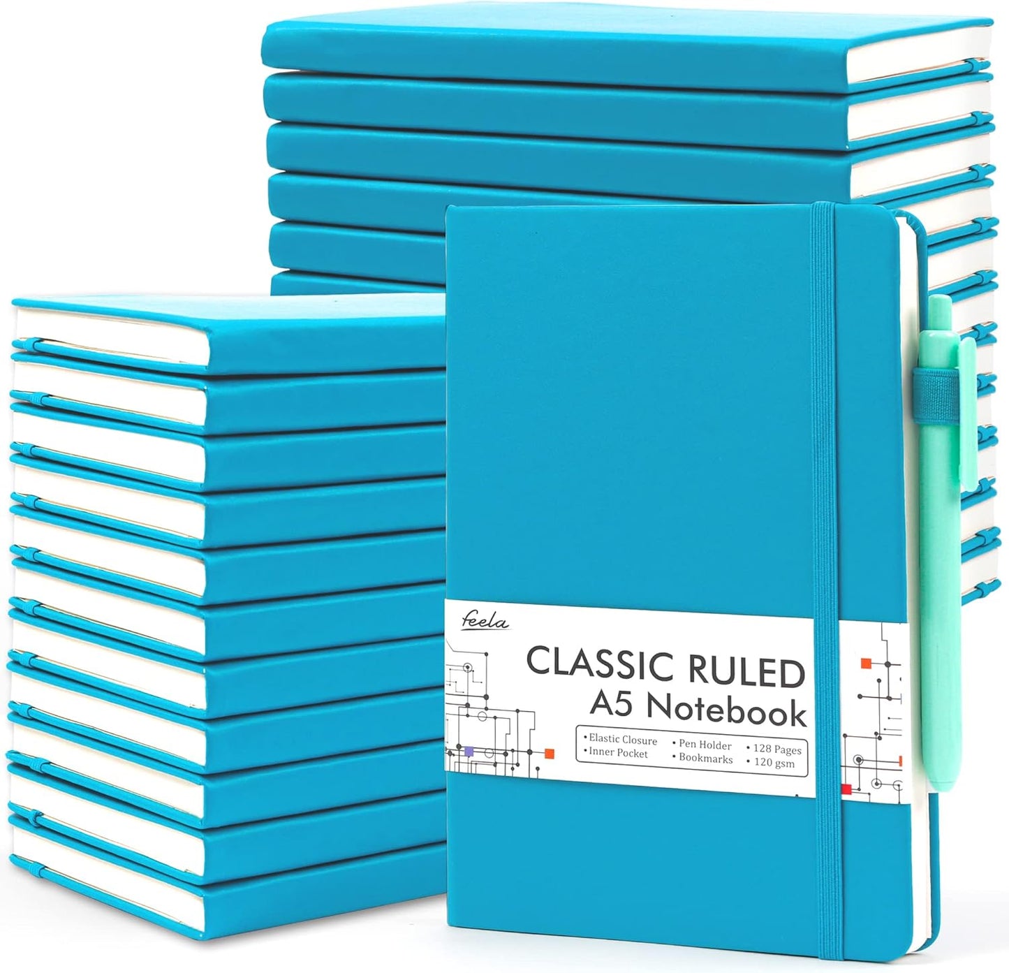 feela 24 Pack Journal Notebook Bulk for Work, Business Notebook Hardcover Lined Writing Journal with Pen Holder for Men Women Note Taking, with 24 Black Pens, 120 GSM, 5.1”x8.3”, A5, Teal