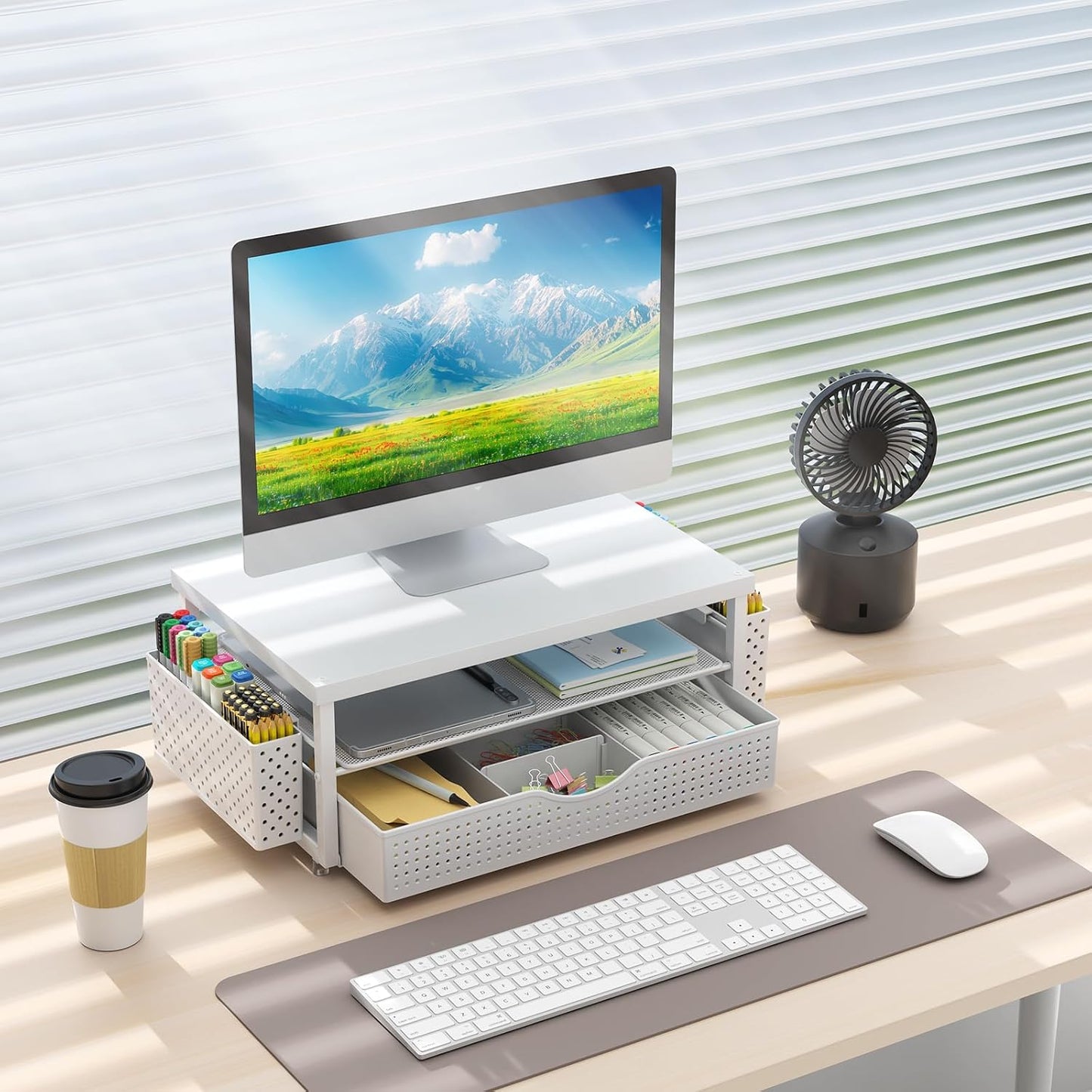 gianotter Wood Monitor Stand Riser, Office Desk Shelf Organizer, Desk Organizer with Drawer and Pen Holder, 2-Tier Computer Stand, Office Organization (Matte White)