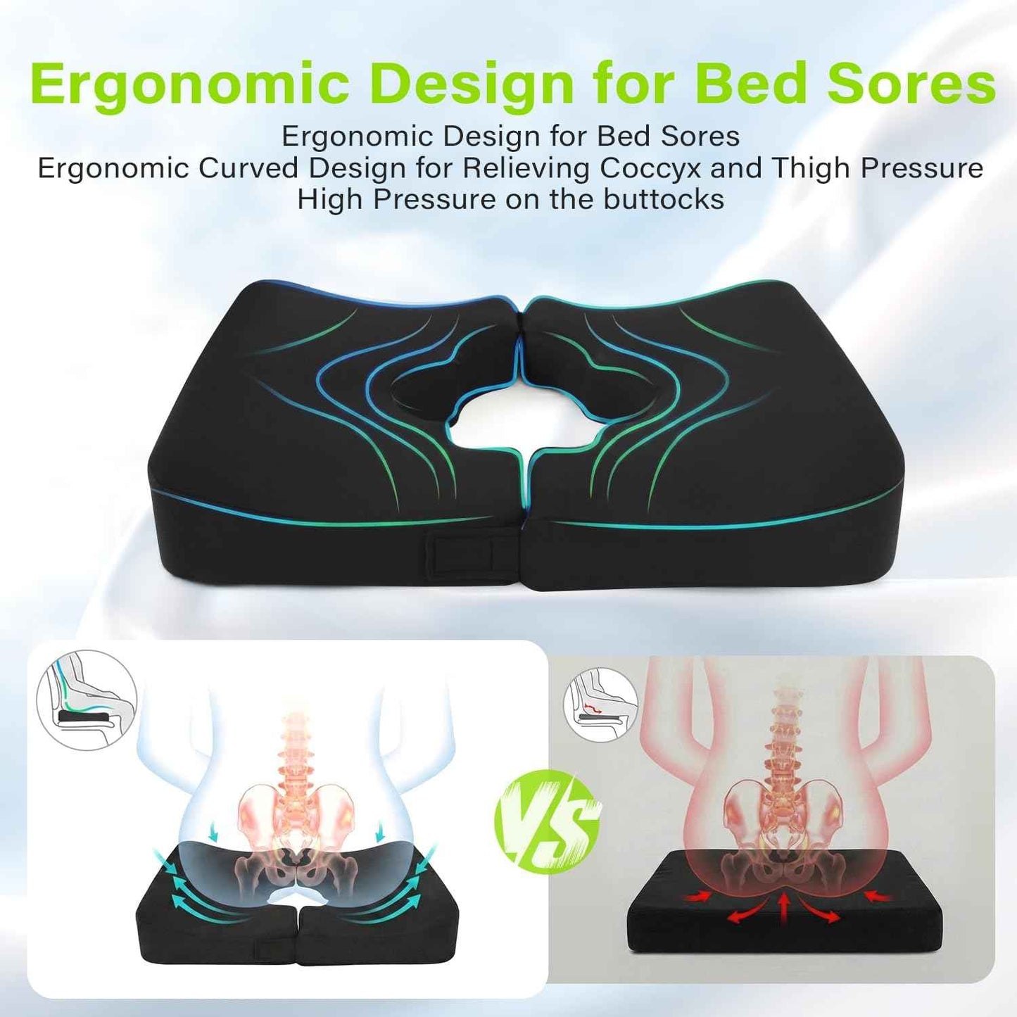 Bed Sore Cushion, Gel Wheelchair Seat Cushion,18”x16” Relieve Sciatica, Back, Coccyx & Ulcer Pain, Foldable Ergonomic Cushion for Bedridden, Elderly, with Anti-Slip Cover & Handle
