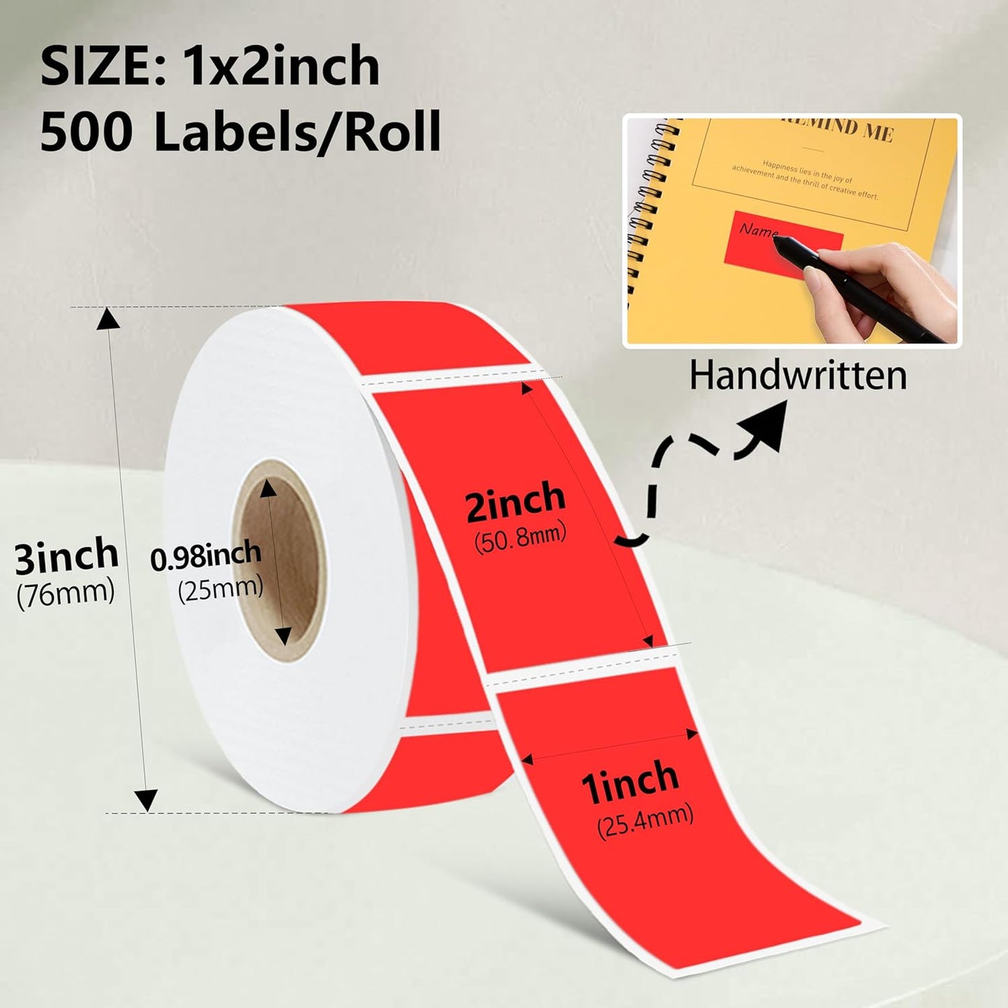 1X2 inch Label Stickers Roll for Thermal Printer 500PCS Colored Removable Freezer Labels Waterproof Blank Sticker Labels to Write on for Food Containers and Jars, Fluorescent Red