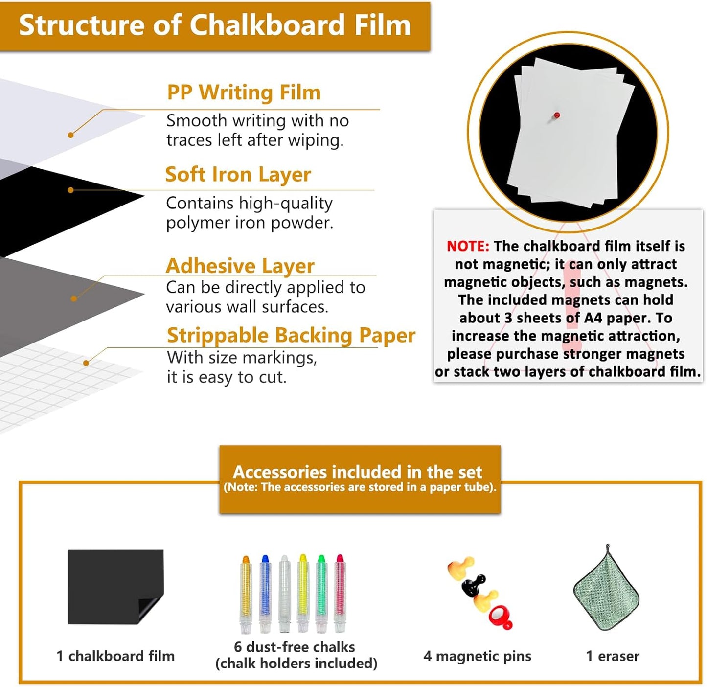 Magnetic Chalkboard Contact Paper with Adhesive, 47" x 23" Magnetic Blackboard Film for Walls, Peel and Stick – Ideal for Office, Classroom, Home. Includes Dustless Chalk, Wiping Cloth, and Magnet