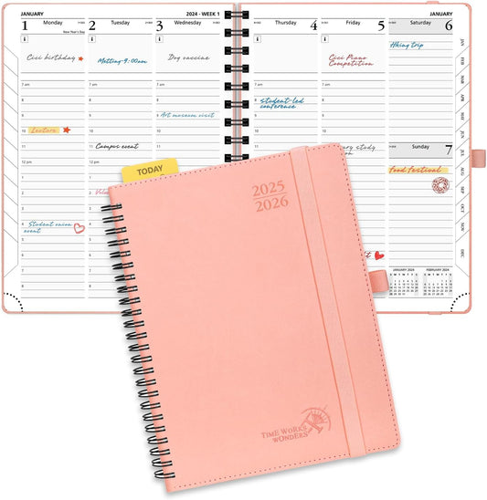 POPRUN Planner 2025-2026 (Medium - 6.5'' x 8.5'') Academic Weekly Calendar (July 2025 - June 2026) with Hourly Time Slots, Monthly Tabs, 100GSM Thick Papers, Spiral Leather Cover - Pink