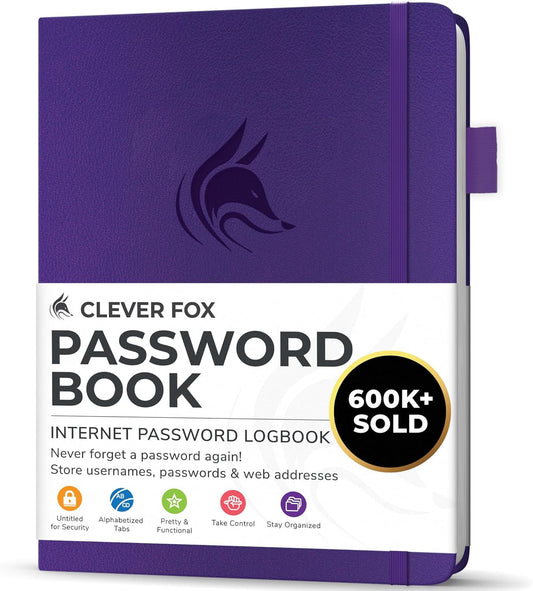 Clever Fox Password Book with alphabetical tabs. Internet Address Organizer Logbook. Small Pocket Password Keeper for Website Logins (Purple)