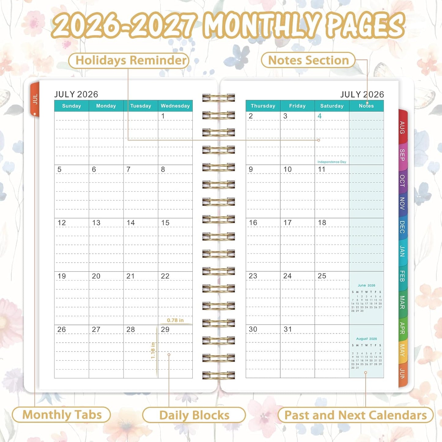 Pocket Planner 2026-2027 - Pocket Calendar 2026-2027 for Purse, JULY 2026 - JUNE 2027, 6.77” x 4.13”, Weekly and Monthly Planner with Colorful Tabs, Double-side Back Pocket, Holidays - Wildflowers