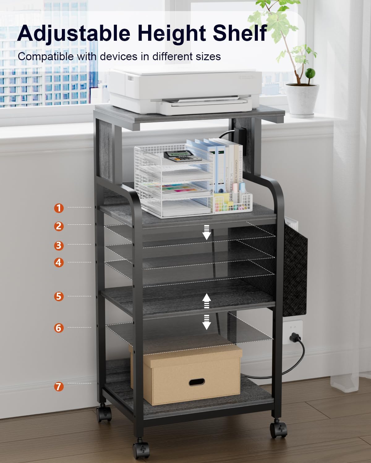 Tall Printer Stand with Storage, 4-Tier Mobile Printer Cart with Adjustable Shelf & Side Bag, Heavy Duty Printer Table with Built-In Charging Station for Home Office, Fits Scanner, Fax Machine, Grey