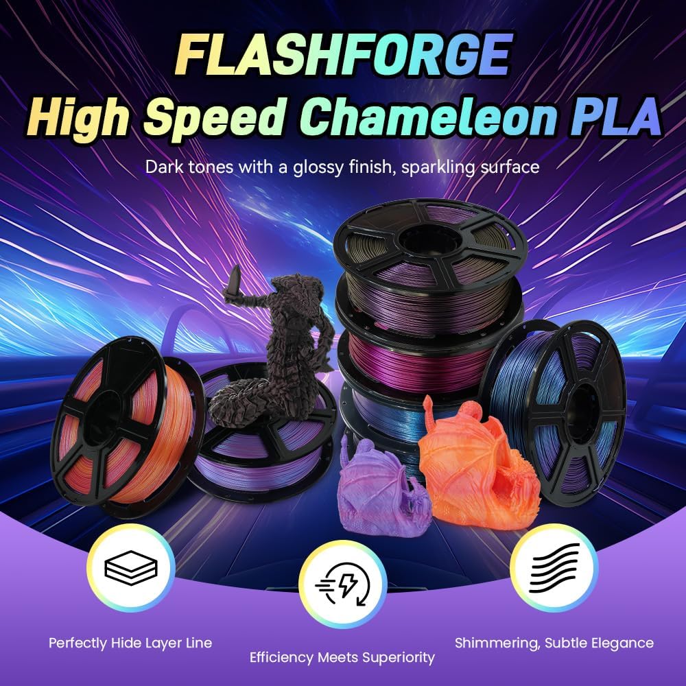 FLASHFORGE Chameleon Rapid PLA Filament 1.75mm Abyssal Purple, PLA Color Shift High Flow Speedy 3D Printer Filament, Max 500mm/s Fast Printing, Display Shimmering Effects from Various Angles and Light