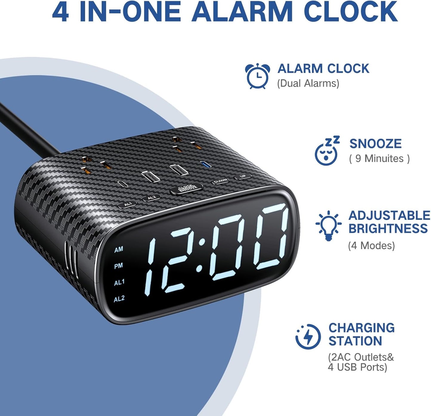 XBA Digital Alarm Clock with 20W USB C Ports, Dual Alarm Clock Power Strip with 2 AC Outlets, 4 USB Charging Ports, Dimmable Snooze Desk Clock with 6FT Cords for Bedrooms,Travel, Black