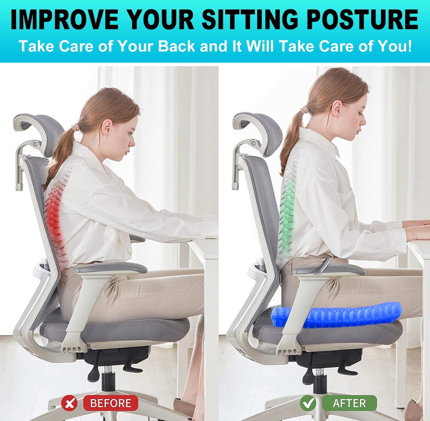 Gel Seat Cushion for Long Sitting - 1.65inch Double Thick Cooling Egg Cushion for Back, Hip, Sciatica, Coccyx, Tailbone Pain Relief - Office Chair Car Seat Cushion – Wheelchair Cushions