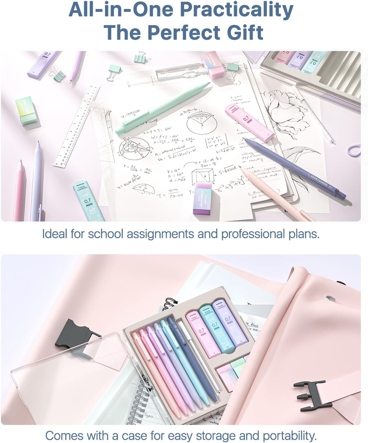 Four Candies 6PCS Cute Mechanical Pencil Set with 372 Leads & Erasers, 0.7mm Medium Point, Pencils Mechanical with 360PCS (HB & 2B) Lead Refills & 12PCS Erasers & Storage Case for Writing & Drawing