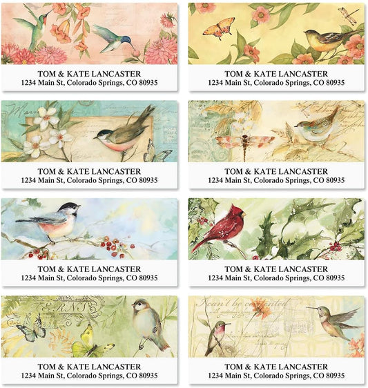 Seasonal Birds Address Labels (8 Designs) - Set of 144 1-1/8" x 2-1/4" Self-Adhesive, Flat-Sheet Labels - Lumora Desk