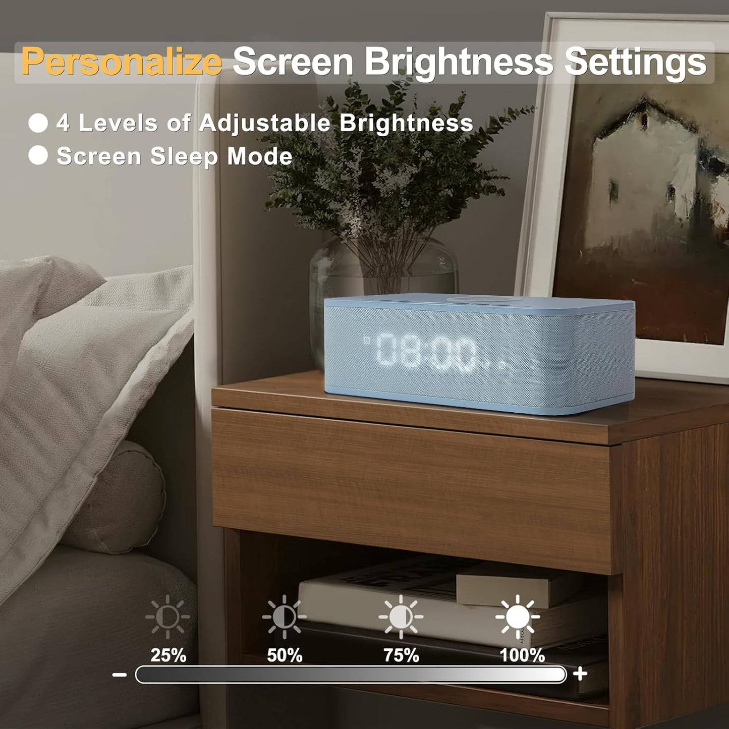 Alarm Clocks Large Snooze Button, Digital Clock USB Charger Port, Bluetooth Speaker Alarm Clock Bedroom AUX USB Bluetooth Speaker Wireless Charging 12/24H Dual Alarms Snooze Dimmer Sleep Timer, Blue