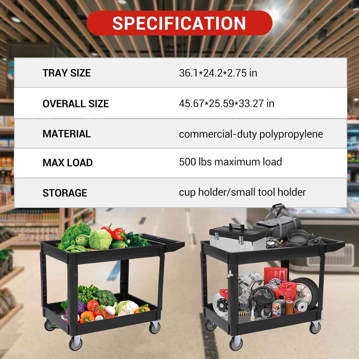 Utility Service Cart with Wheels and Two Trays, Service Cart 2-Shelf 500lbs, Rolling Utility Cart for Warehouse/Garage/Cleaning/Manufacturing, 2 Tier Heavy Duty Uline Tool Cart, 45"X25", Black