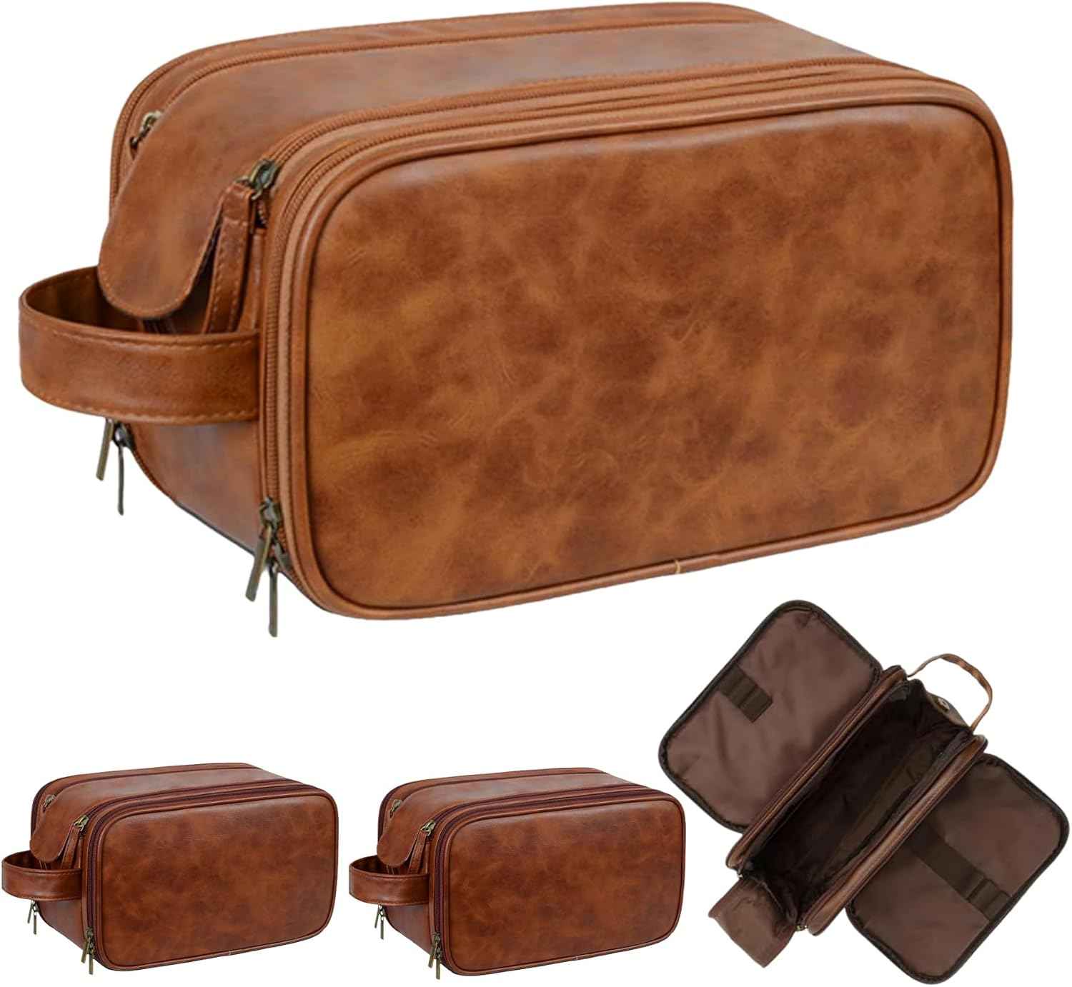 Travel Toiletry Bag for Men, Double Layer Handle, Water Resistant PU Leather Kit, Fathers Day Christmas Thanksgiving Groomsmen Wedding Gift (Yellowish Brown)