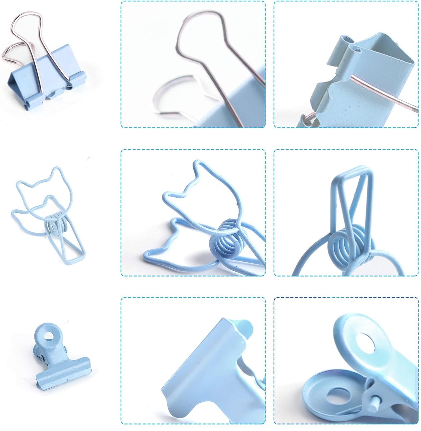 Blue Paper Clips and Binder Clips Set, Metal Assorted Sized Binders with Push Pins, Cute Office Supplies for Desk, Desk Accessories