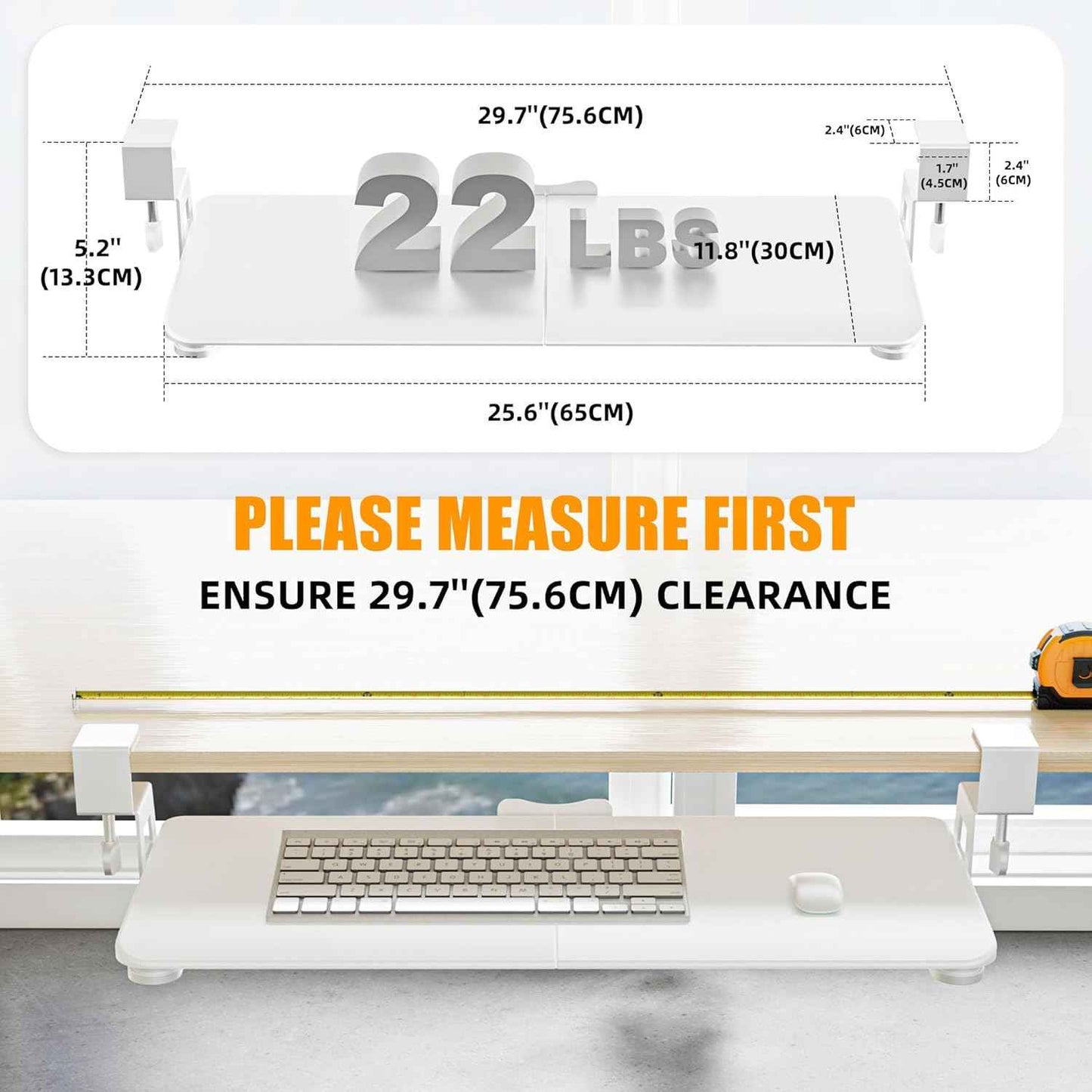 Keyboard Tray Under Desk, Pull Out Keyboard Tray with C Clamp Mount, 25.6" (29.7" Including Clamps) x 11.8" Slide-Out Platform Computer Drawer for Typing, Keyboard & Mouse Tray, White