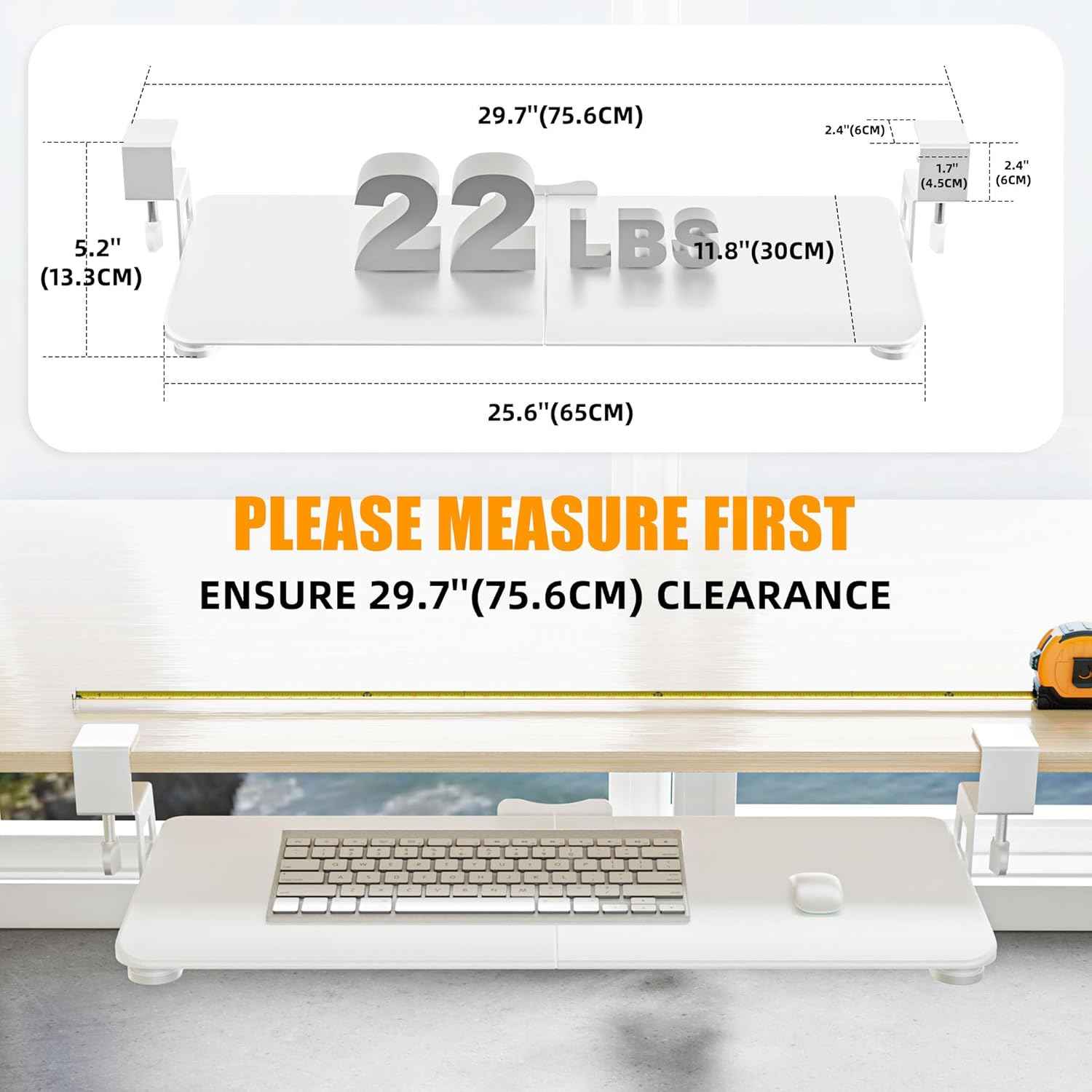 Keyboard Tray Under Desk, Pull Out Keyboard Tray with C Clamp Mount, 25.6" (29.7" Including Clamps) x 11.8" Slide-Out Platform Computer Drawer for Typing, Keyboard & Mouse Tray, White