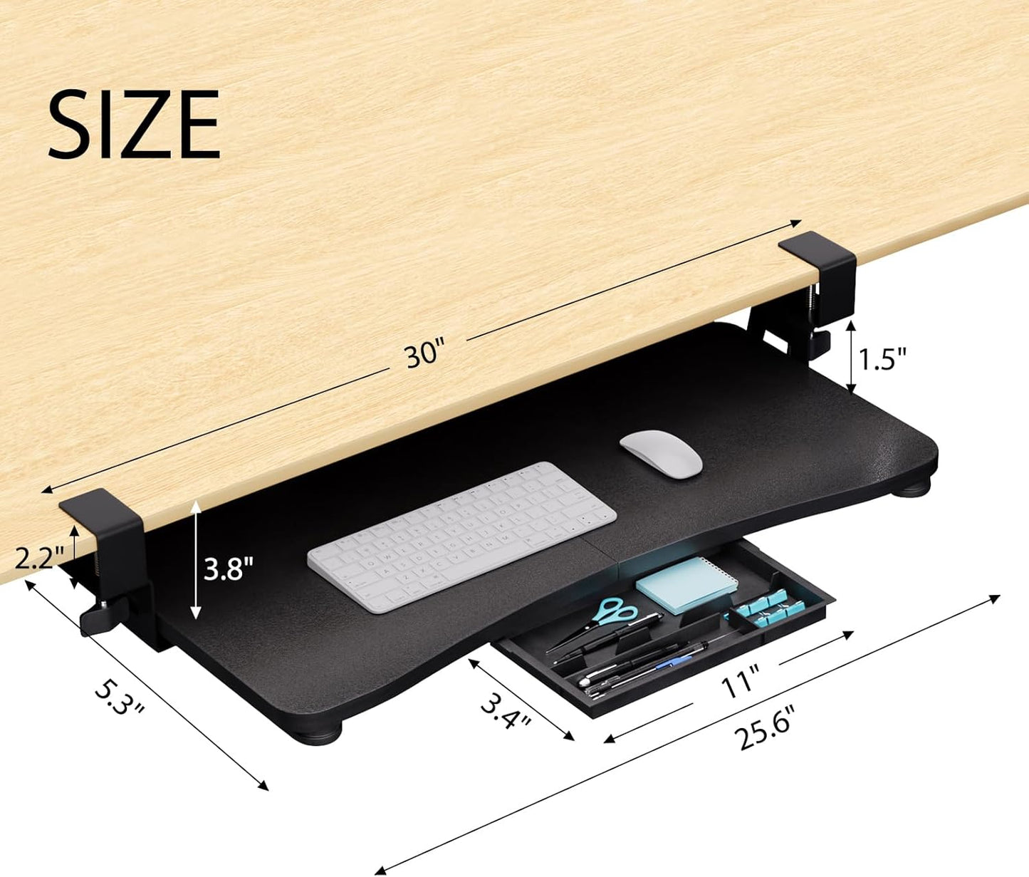 Desktop Keyboard Tray, Under Desk Pull Out,25.59" X 11.81" Large Size Radian Keyboard Tray with C-Clip Mount, Easy Installation, Computer Keyboard Stand, for Home Study and Office(Black)