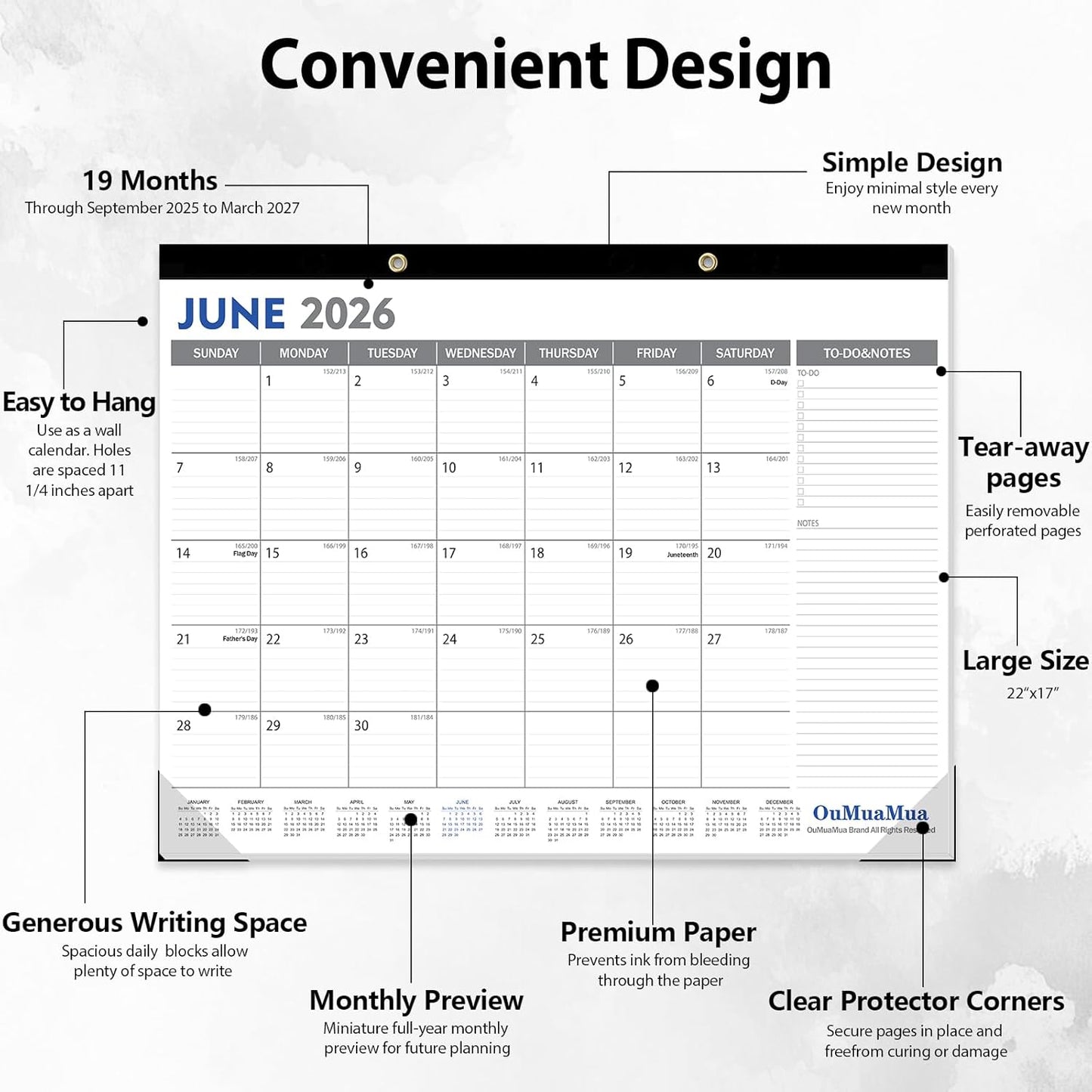 OuMuaMua Large Desk Calendar 2026-19 Months from Sep. 2025 through Mar. 2027, 22 x 17 Inches Desktop Wall Calendar with Julian Date To-do & Notes, Corner Protectors for School Home Office