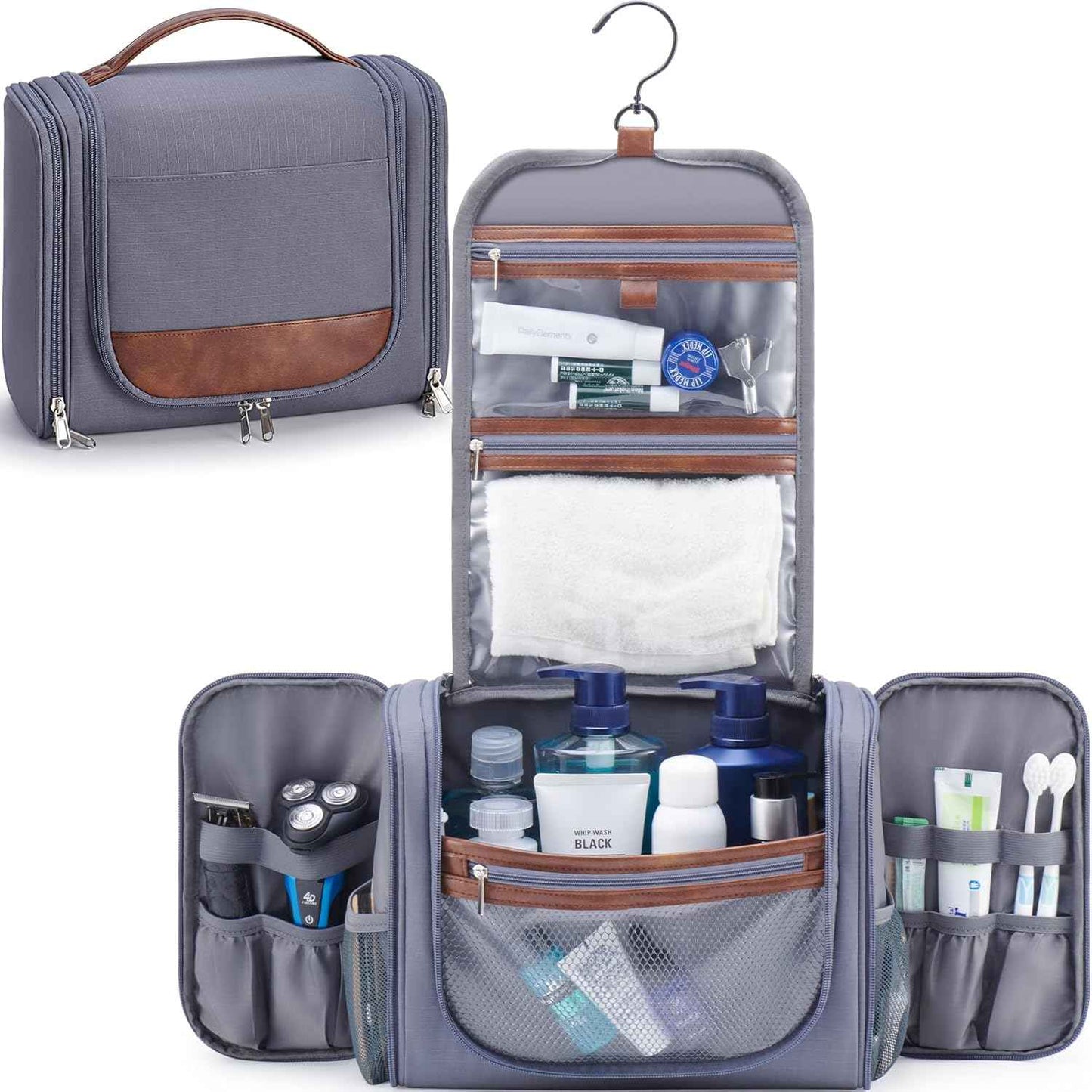 Ralnitote Large Hanging Toiletry Bag for Men, Travel Bathroom Bag with Hook, Hygiene Bag Organizer for Shower, Shaving & Grooming Essentials, Gray