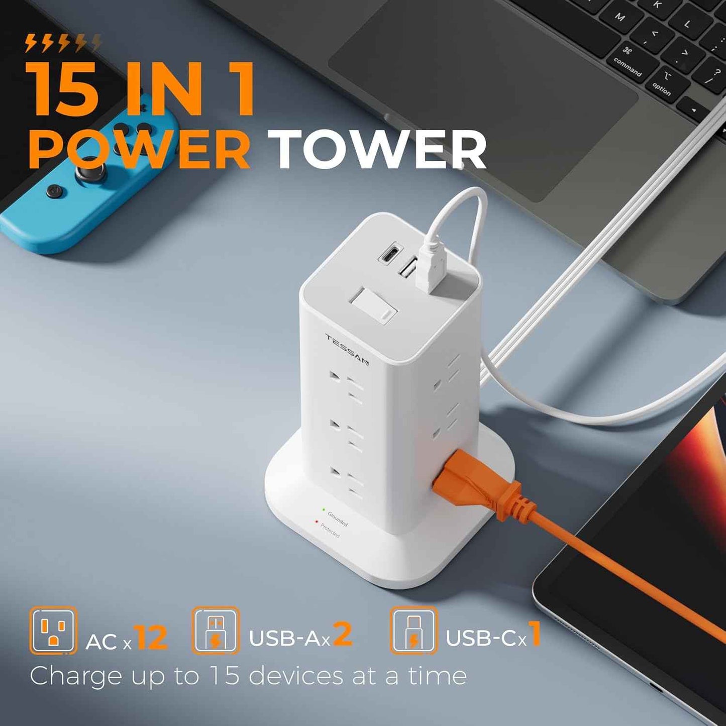 Power Strip Tower with Surge Protector, TESSAN Flat Plug Extension Cord 10 Ft with 12 AC Outlets with 3 USB Ports (1 USB C), Multiple Outlets for Home, Office Supplies, Dorm Room Essentials