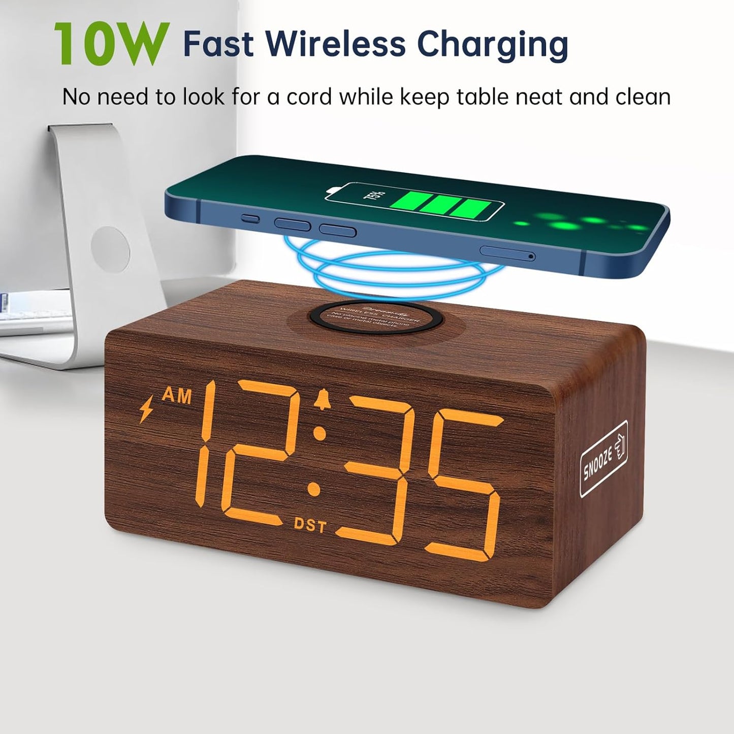 DreamSky Wooden Digital Alarm Clock with Wireless Charging for Bedroom, Bedside Nightstand Clock with Charger Station, USB Port, Large Numbers, Adjustable Volume, Brightness Dimmer, DST