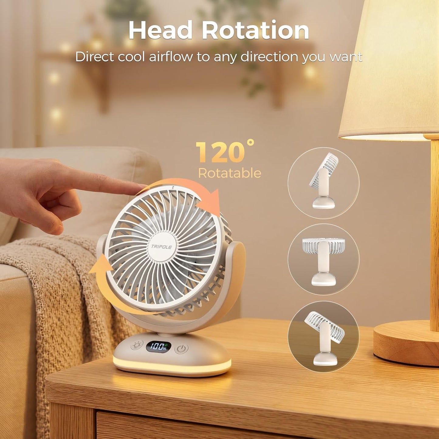 TriPole Desk Fan Small Quiet Rechargeable Portable Fan for Travel with Smart Display & LED Light, 31H Runtime, 4 Speeds Mini Battery Operated Fans for Bedroom Sleeping Office Outdoor Camping Cruise
