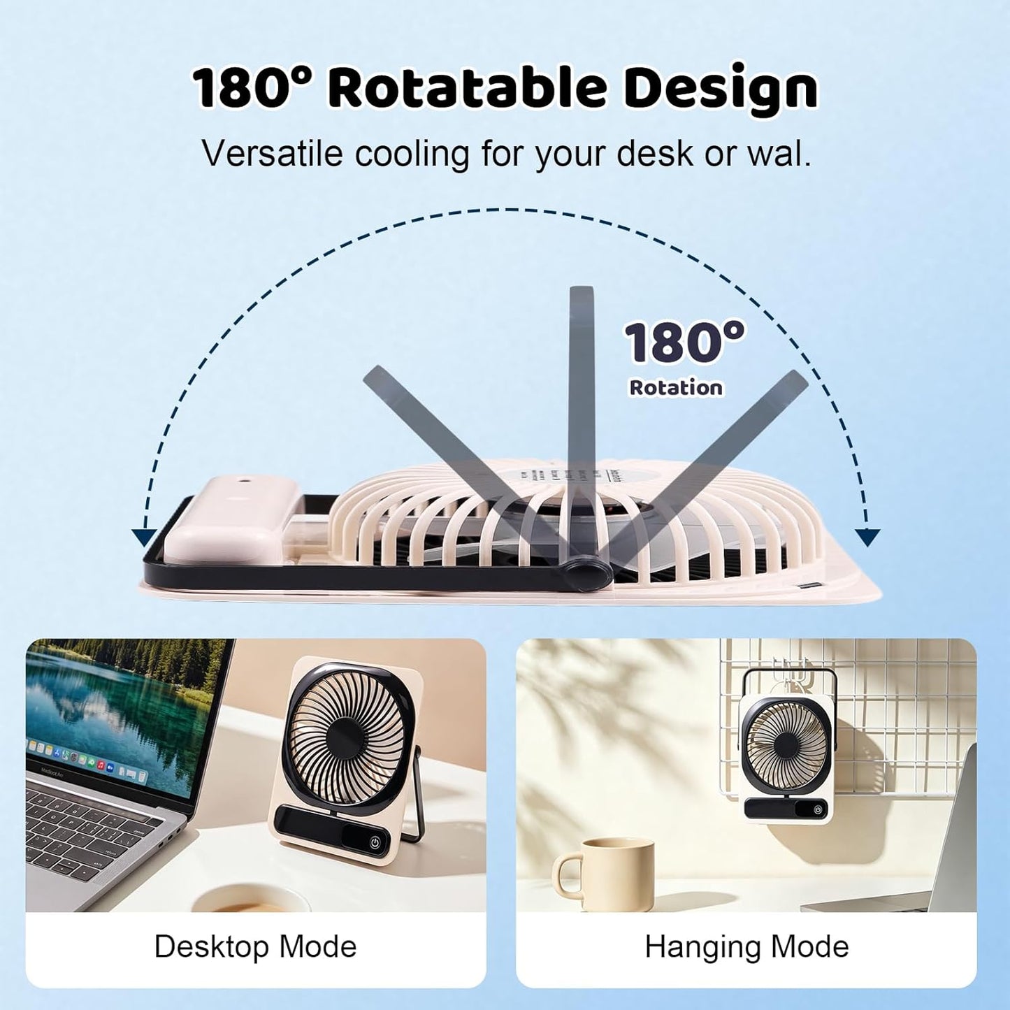 Qoqooice Portable Desk Fan Battery Operated, Quiet USB Rechargeable Mini Personal Fan with 10H Battery 5 Speeds 180° Foldable Design Small Table for Office Home Bedroom Travel Camping