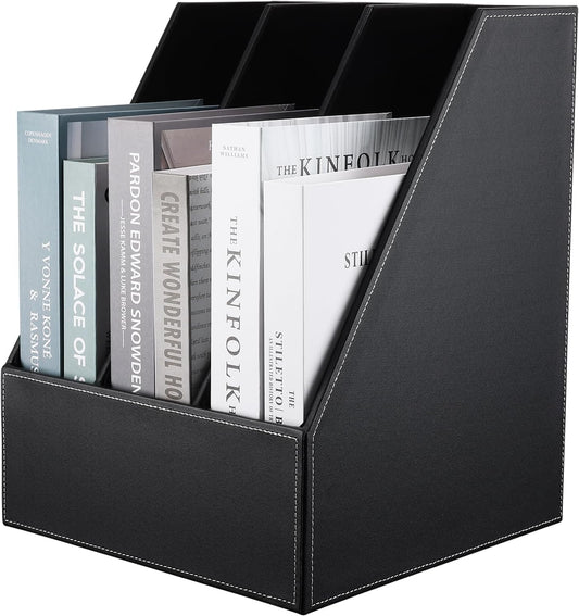 KINGFOM Desktop Wooden Leatherette Magazine File Holder-Organizer-3 Compartment Stand Rack-Papers Storage Box (black)