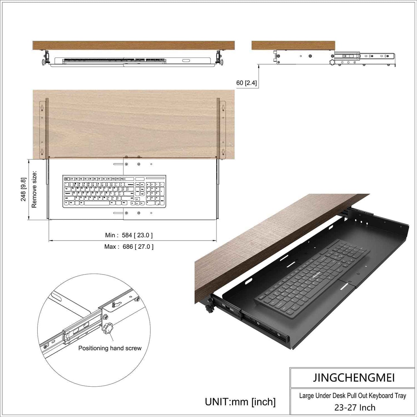 Sliding Keyboard Tray Under Desk, Pull-Out Keyboard and Mouse Tray, 27 x 9.8 inches Large Platform Slide-Out Computer Drawer for Typing, Metal, Black