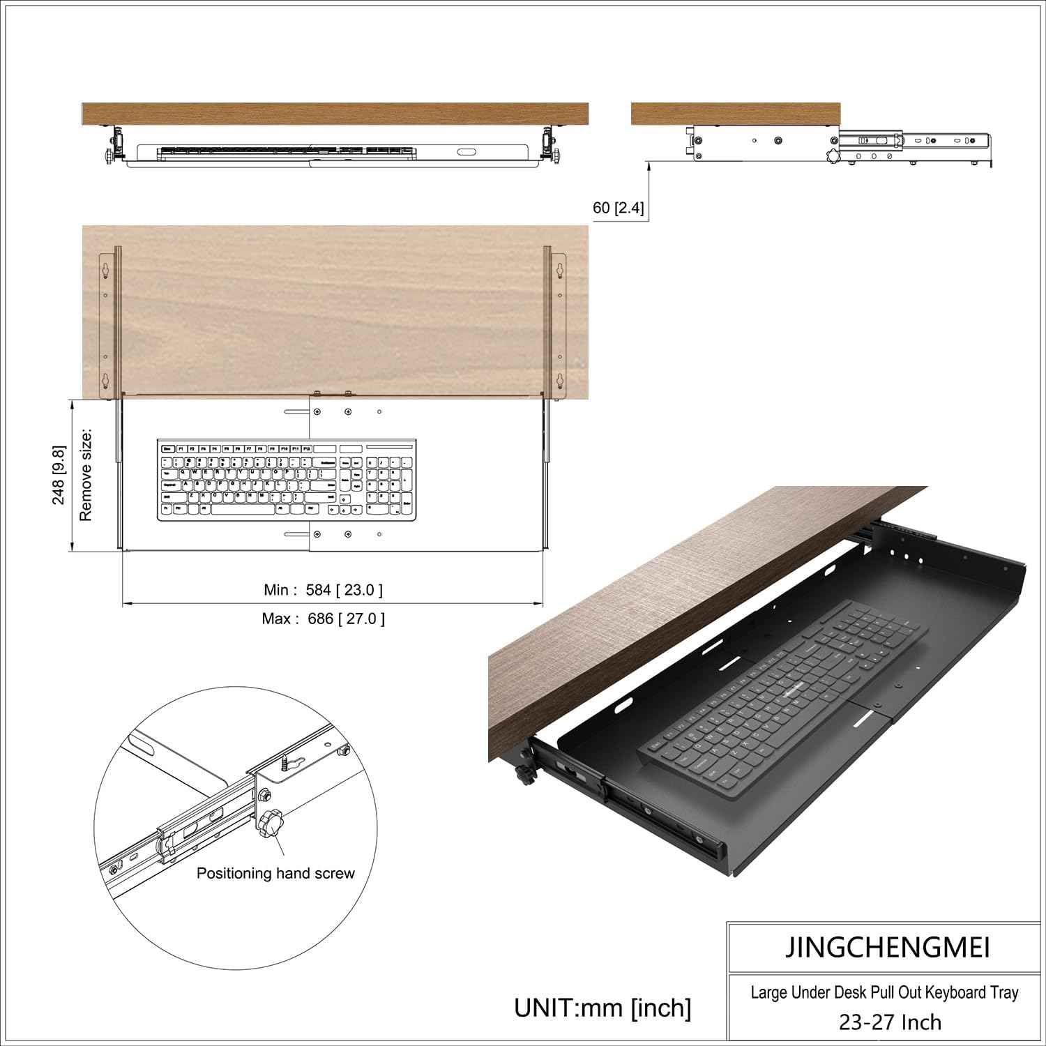 Sliding Keyboard Tray Under Desk, Pull-Out Keyboard and Mouse Tray, 27 x 9.8 inches Large Platform Slide-Out Computer Drawer for Typing, Metal, Black
