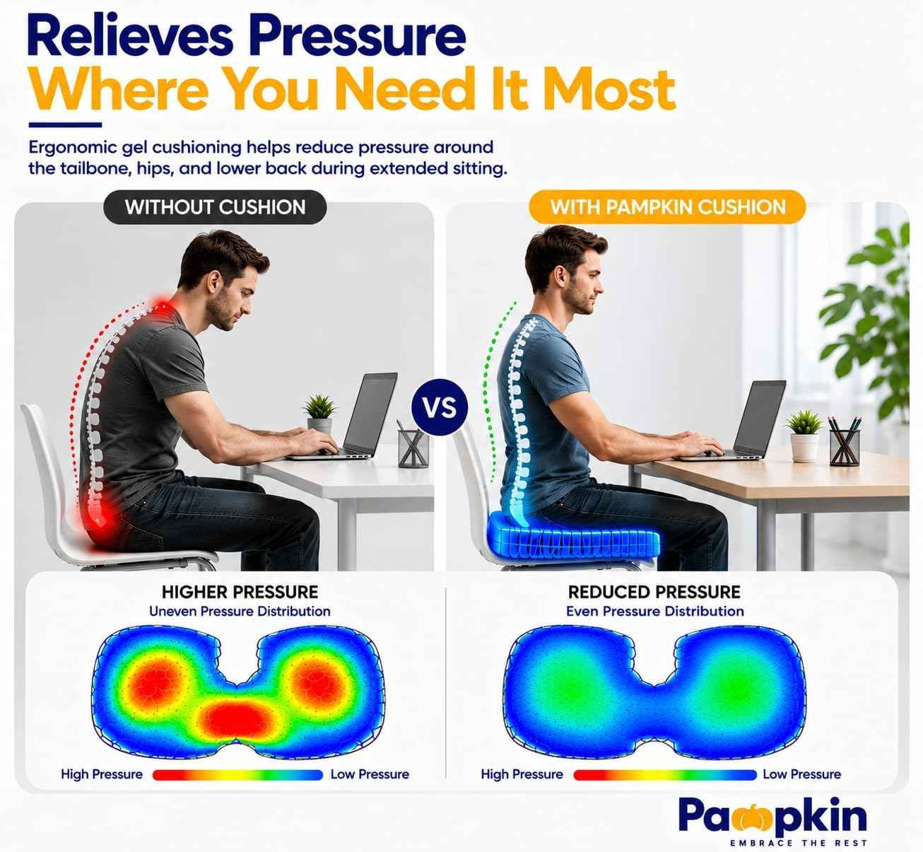 Pampkin Gel Seat Cushion for Long Sitting | Ergonomic Coccyx & Tailbone Support for Sciatica, Hip & Lower Back Pain | Breathable, Washable Cover | Ideal for Office, Car, Wheelchair, Stadium & Plane