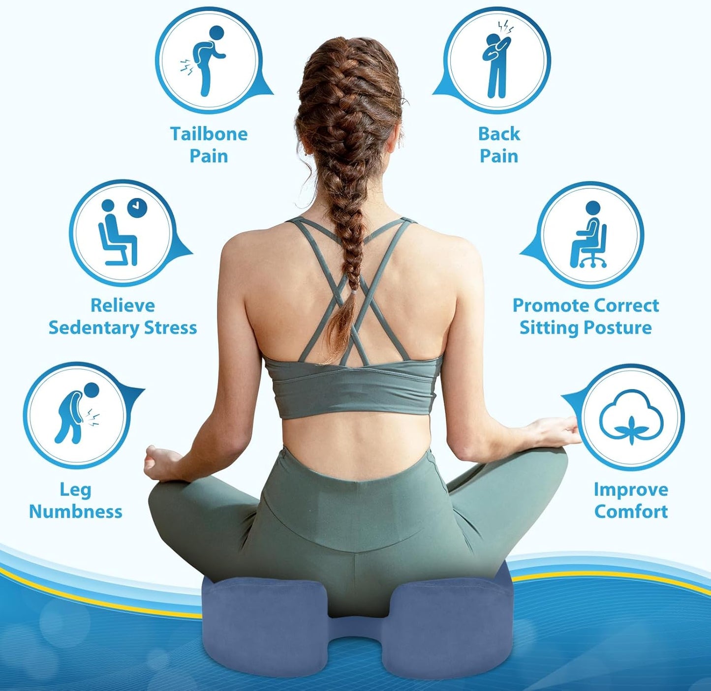 BlissTrends Seat Cushion,Thick Memory Foam Cushions for Office Chair, Car Seat, Airplane, Relieving Pressure Tailbone Sciatica Back Pain for Office Workers, Car Drivers 4.7in Thick LightBlue
