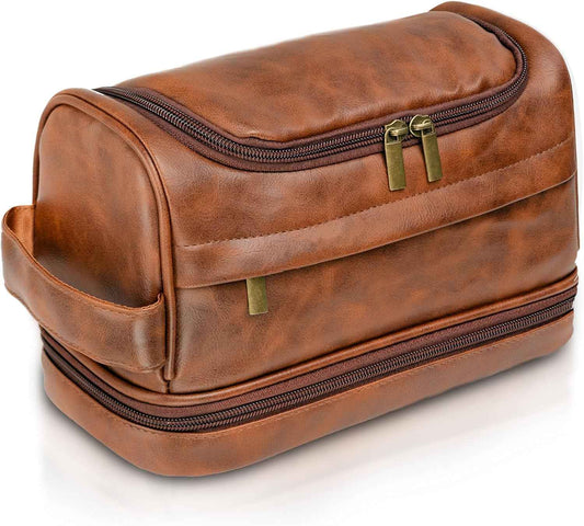 Toiletry Bag for Men, Large Leather Travel Essentials Shaving Kit, Water Resistant Bathroom Toiletries Organizer Cosmetic Bags, Gifts for Men, Him, Father, Dad, Husband, Son, Boyfriend, Grandpa