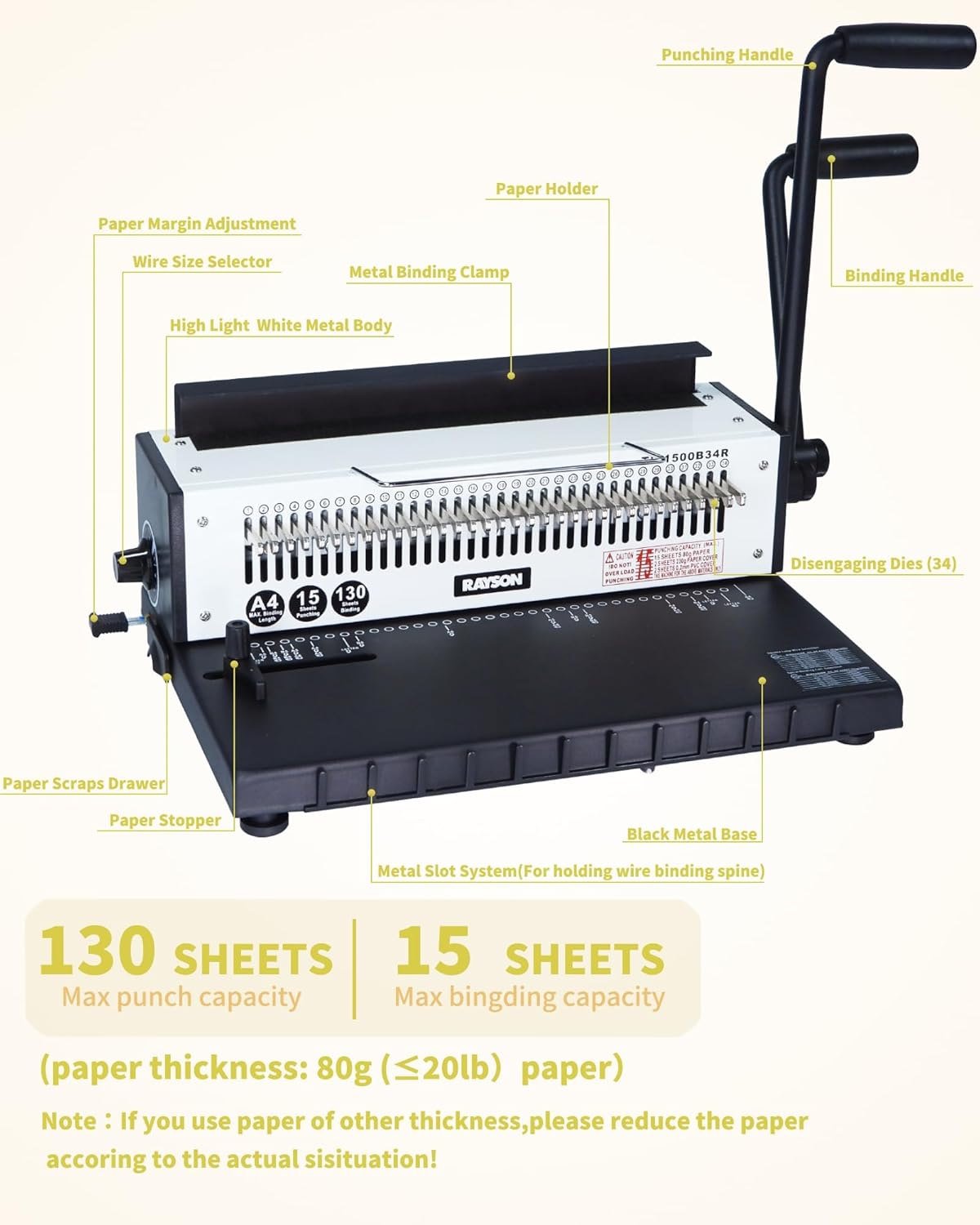 Rayson TD-1500B34R Binding Machine, Round Holes, 3:1 Pitch Wire-O Binder Punch 15 Sheets/Bind 130 Sheets with Sturdy Metal Construction