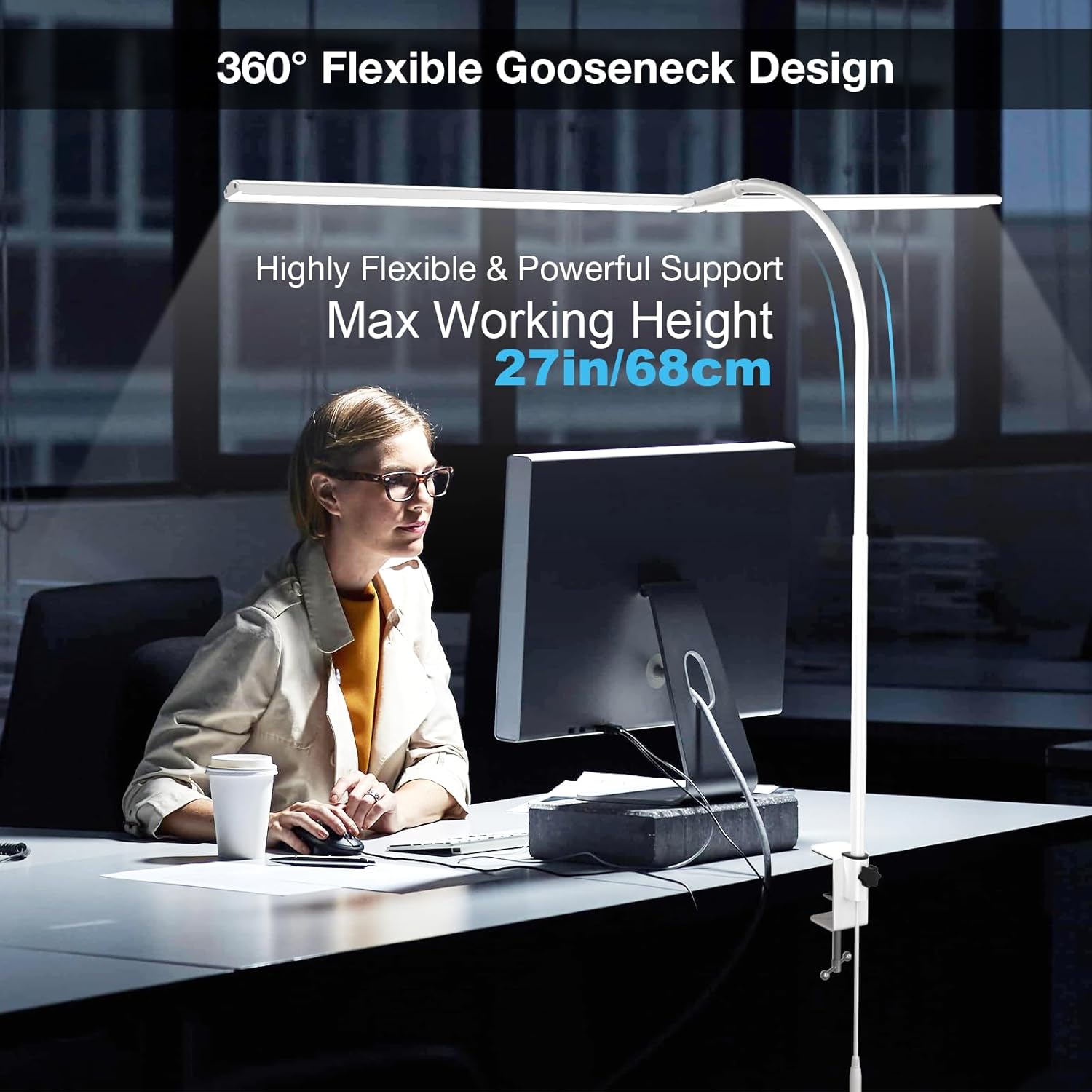 LED Desk Lamp, 31.5'' Wide Double Head Desk Lamps for Home Office, Dimmable 25 Lighting Modes 16W 1800lm Bright Desk Lighting, Eye Caring Architect Table Lamp for Workbench Monitor Study, White - Lumora Desk
