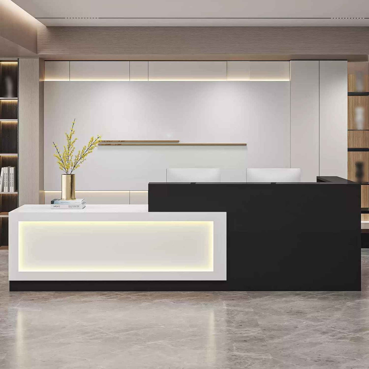 Modern Reception Desk with Counter & Lockable Drawer, Front Desk Reception Counter for Office Retail Store Salon Beauty Shop, Receptionist Wood Checkout Counter Table (White Black - Left, L 70in)